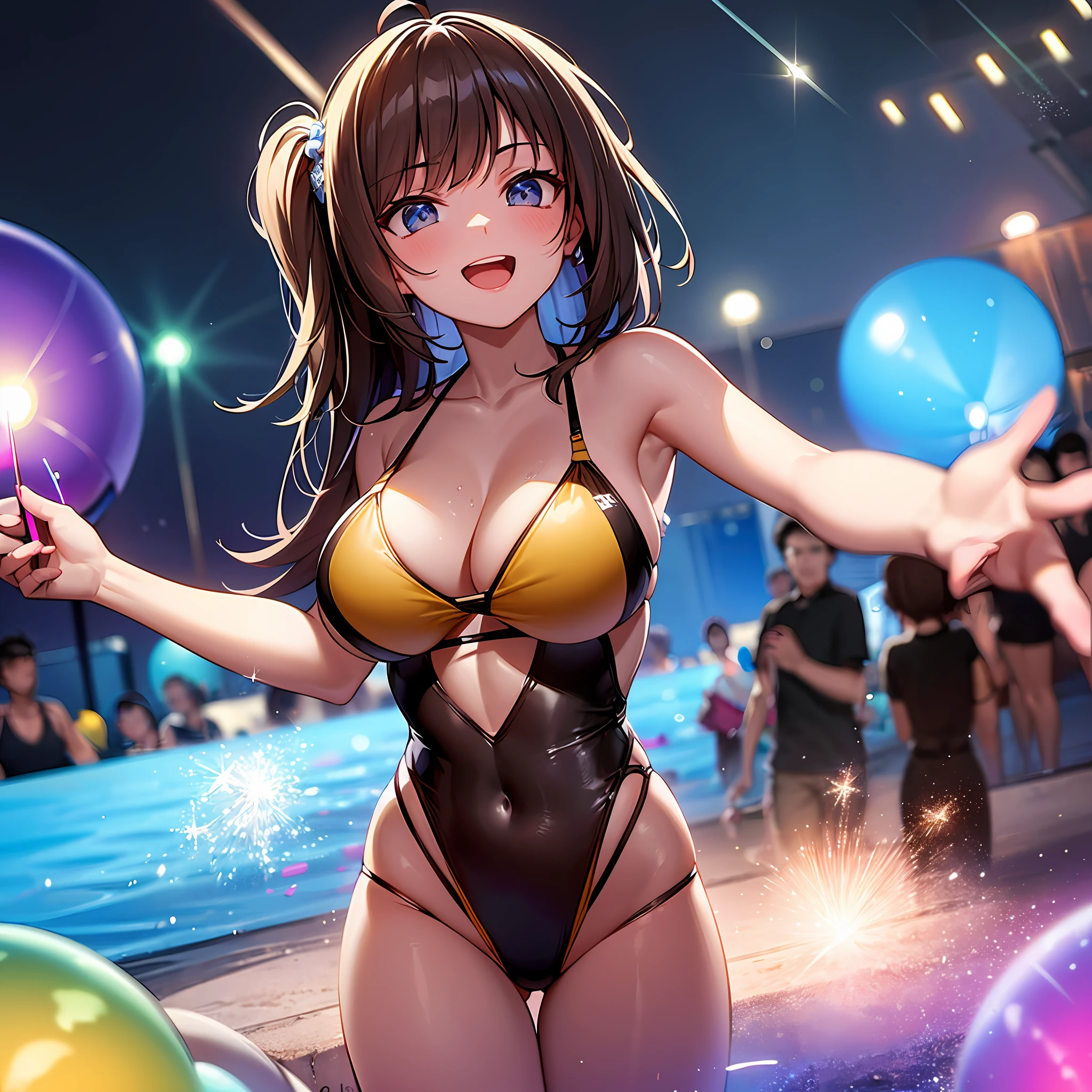 girl at a pool party taking a selfie from top-view, vivid, excited, at night, lasers, lights, celebration and balloons a crowd celebrating, elegant dresses and swimwear, crowd with swimwear and beachy outfits, palms, beach, water splashes, waterguns, sparkles, Bokeh, Cinematic, fish-eye effect, Electric Colors, 8K, Happy, Excited, Refreshing, Massive celebration, Nightlight, Laser, volumetric Light