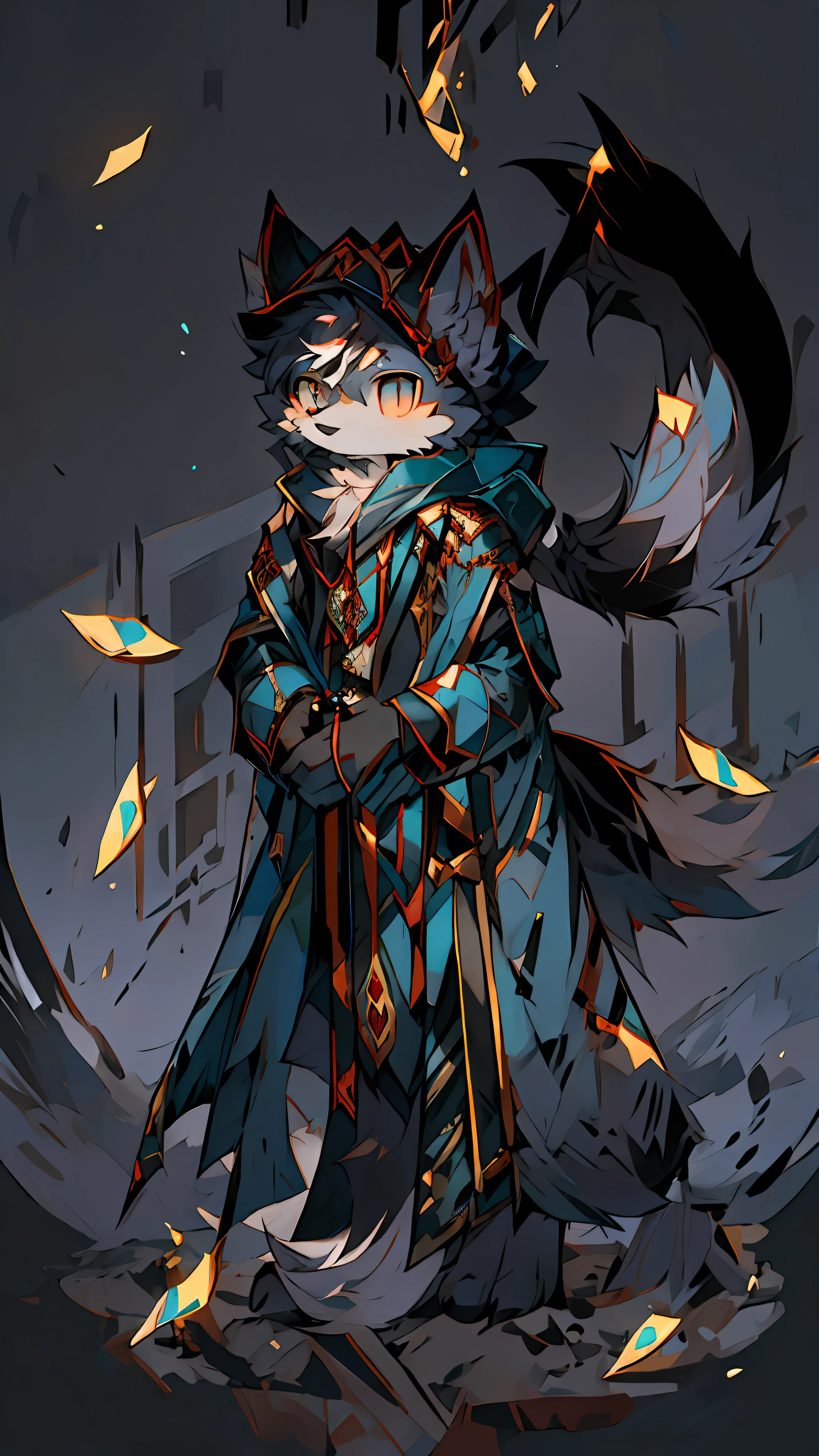 Anime - style illustration of wolf in cape and sickle, anthropomorphic cyberpunk fox, black fox mage, arcane art style, from the night of the ark, Flsona art, very, very beautiful furry art, drawn in mysterious style, Duelyst style, high resolution committee, official character art, zero zen art