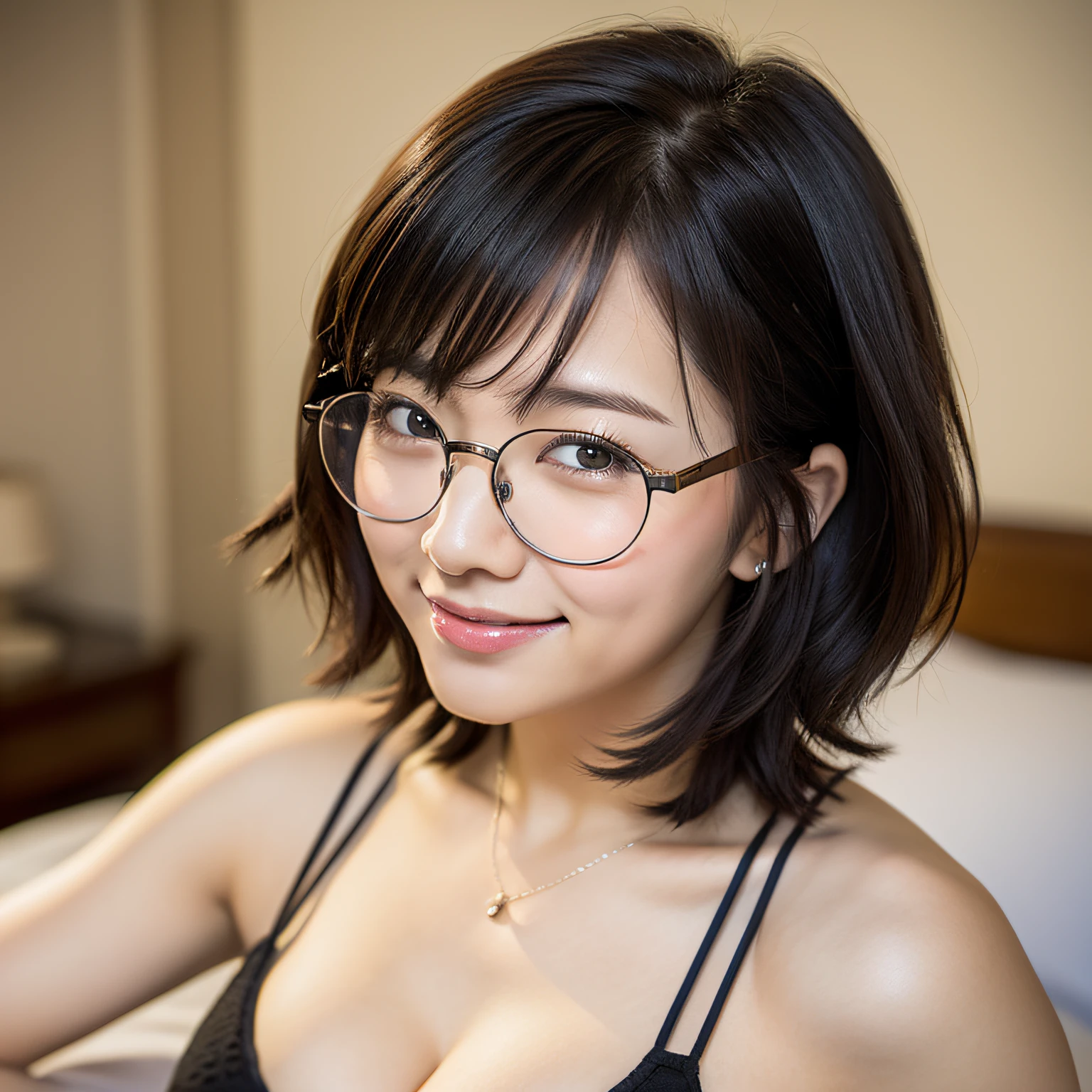 Short hair, Black hair, Glasses, Smile, Depth of field, First person view, UHD, Textured skin, Super detail, High quality, Best quality, cleavage, bedroom, bed, Japan Idol, before kiss