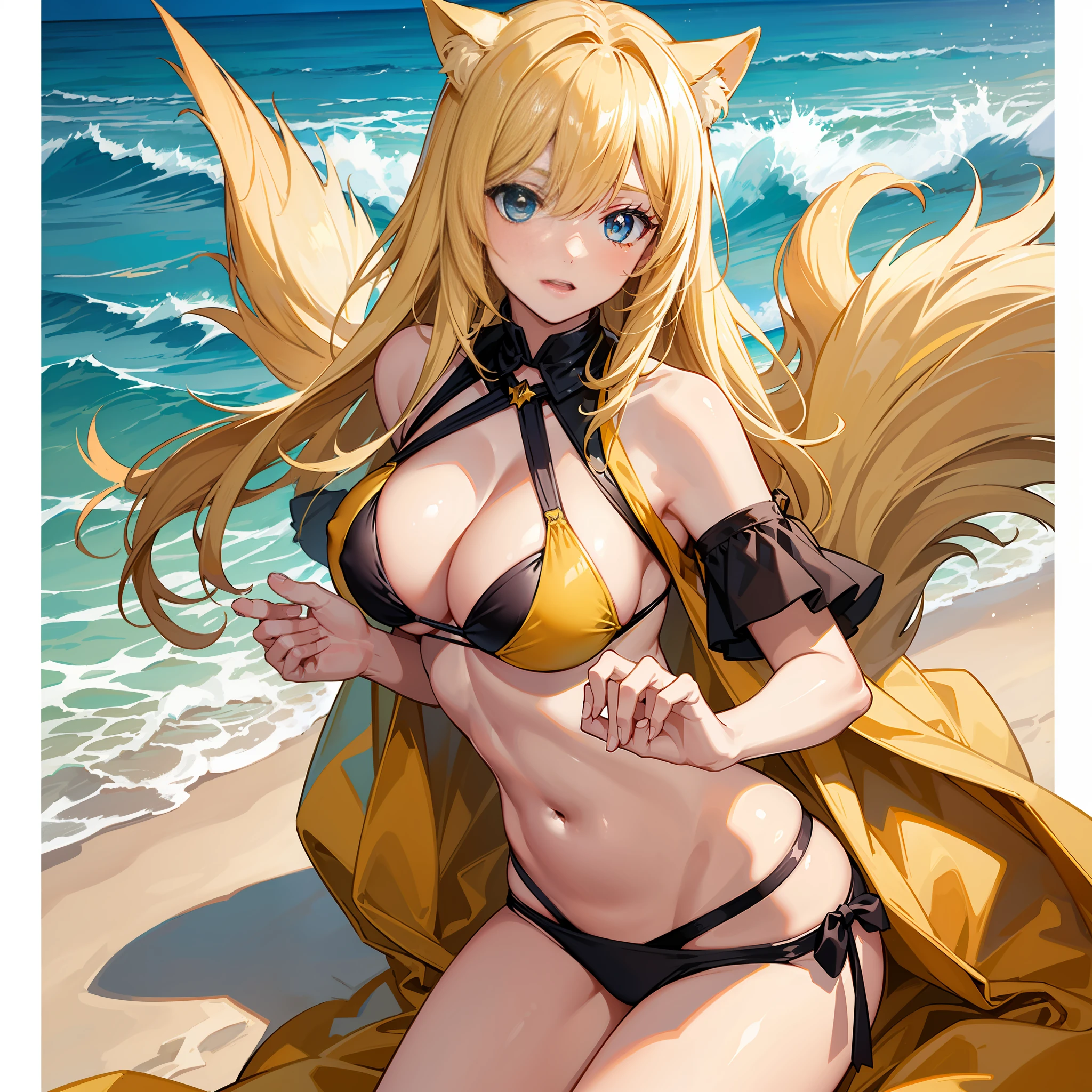 (Best Quality) (Super High Resolution) (Unity wallpaper) A yellow cat ears yellow hair blue eyes girl, has two hands, , bikini, at the beach, eyes are loving, infatuated
