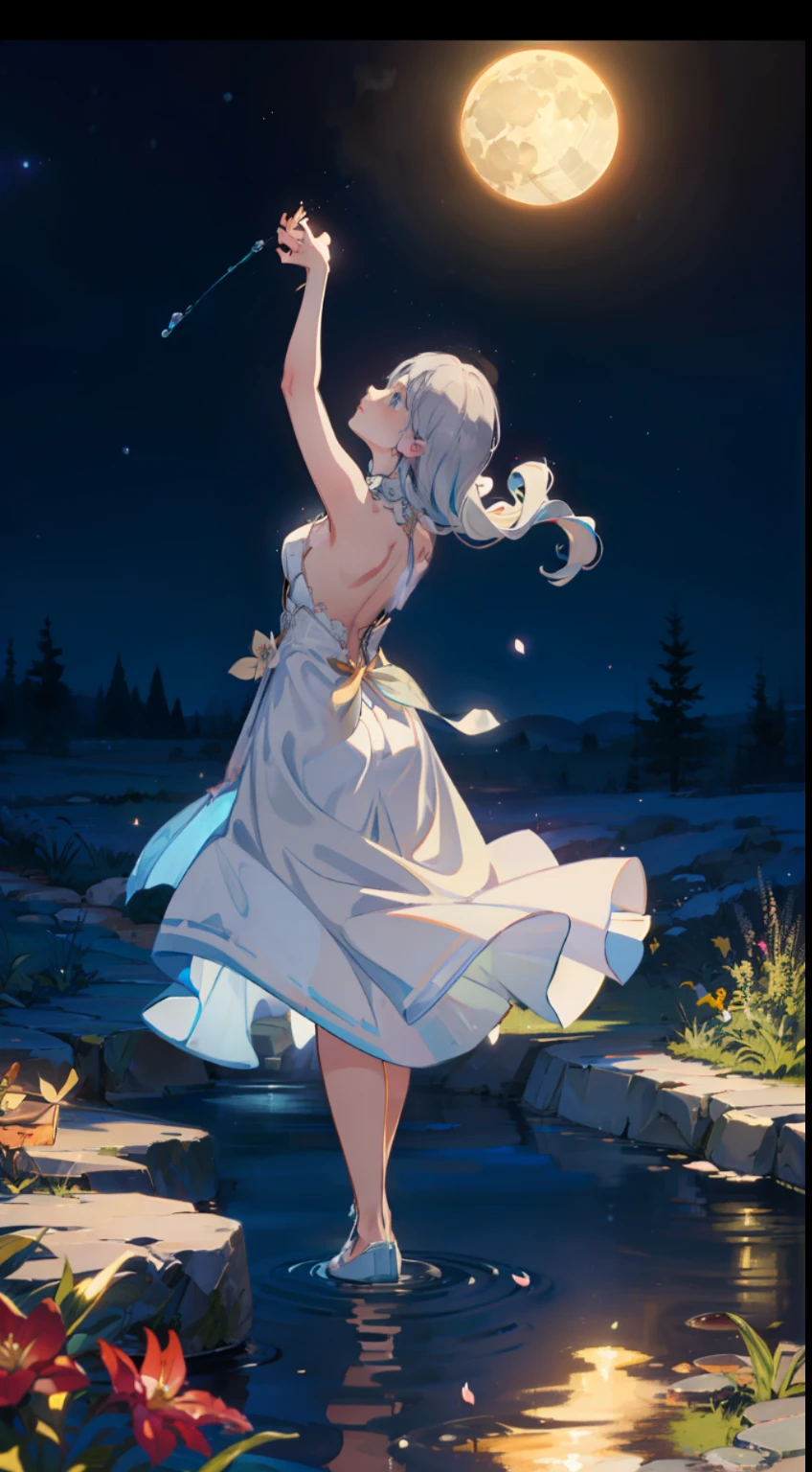 Open landscape , Landscape, Panoramic shot, (Looking up and down), Girl standing in flower garden looking up, (Full moon: 1.2), (Shooting star: 0.9), (Nebula: 1. 3), Starry sky, White flower field, Shining flower field, Fantastic flower field, Trees, (Warm light source: 1. 2), (Firefly: 1. 2), Lamp, Orange and blue Fine Detail, (Masterpiece: 1.2), (Top Quality), 4k, Ultra Fine Detail, (Dynamic Composition: 1.4), (Masterpiece: 1. 2), (Top Quality), Lamp, Orange and Blue Voluminous Lighting mostly Fine Detail BREAK ((Masterpiece: 1. 2), (Top Quality), 4k, Ultra-Detailed, (Dynamic Composition: 1.4), Very Fine Detail, Colorful Detail, (Iridescent: 1. 2), (Luminous Lighting, Ambient Lighting), Dreamlike, Fantastic, (Solo: 1 .2), Sparkle, Glitter, Petals Dancing, Light Dancing, White hair, Beautiful hair, Long hair, Dancing hair, Back view, Water effect, Soap bubbles, Pose, Long skirt, White dress