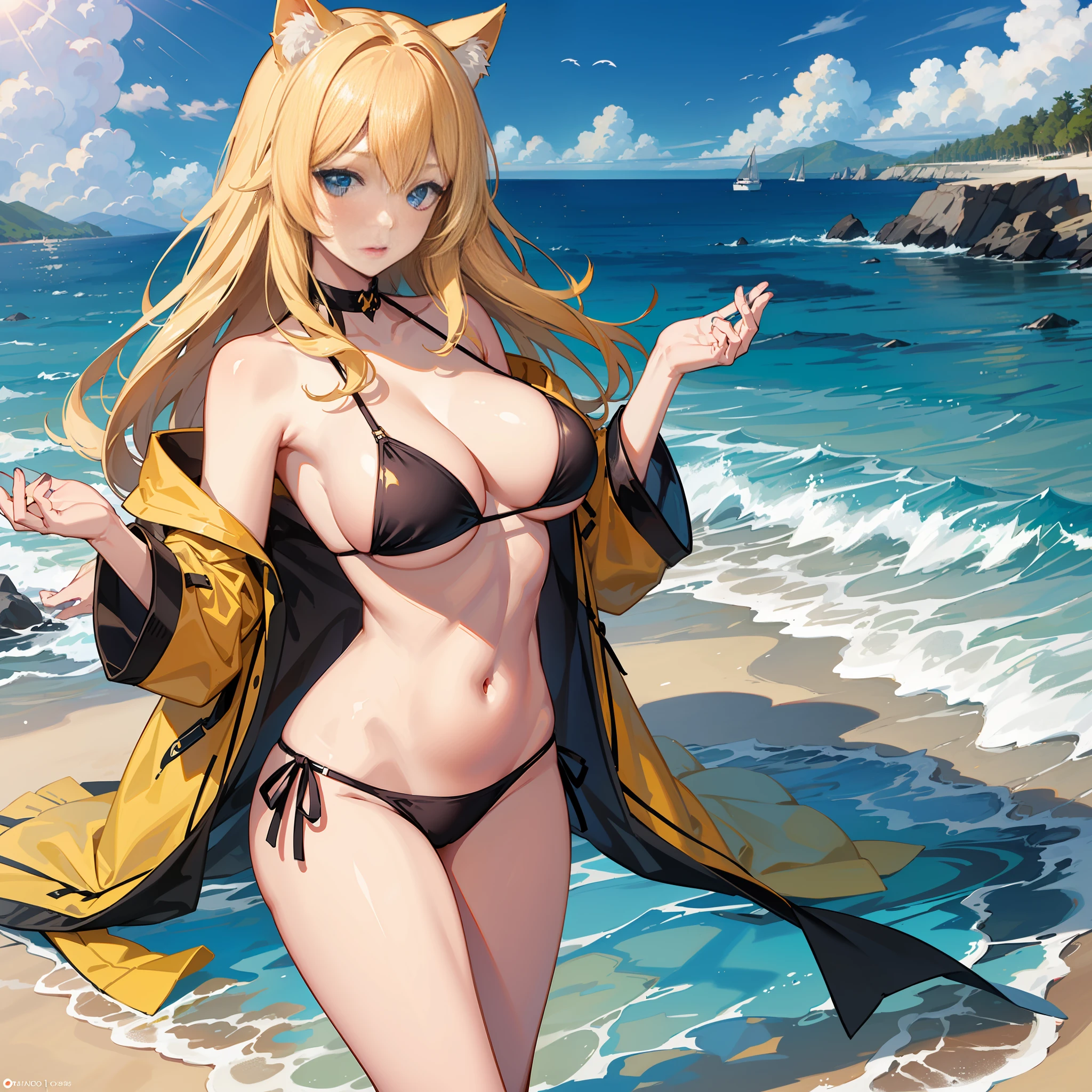 (Best Quality) (Super High Resolution) (Unity wallpaper) A yellow cat ears yellow hair blue eyes girl, has two hands, big breasts, bikini, at the beach, eyes are loving, infatuated