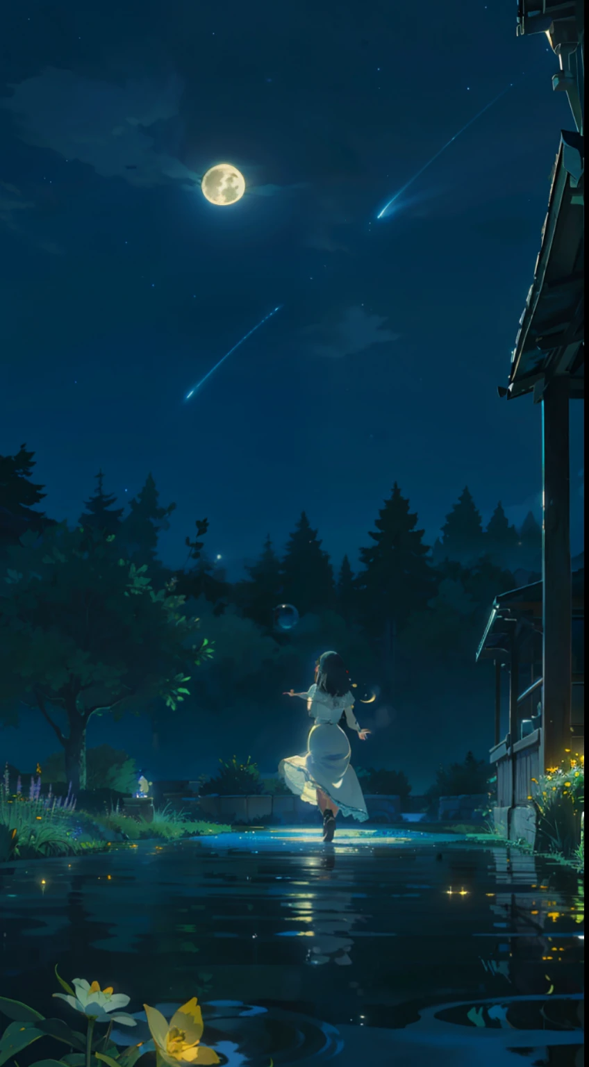Open landscape , Landscape , Panoramic shot , (Looking up and down) , Girl in flower garden looking up , (Full moon: 1. 2) , (Shooting star: 0. 9) , (Nebula: 1. 3) , Starry sky , White flower garden , Shining flower garden , Fantastic flower garden , Trees , (Warm light source: 1. 2), (Firefly: 1. 2), lamp 3), Starry sky, White flower garden, (Warm Light Source: 1. 2), (Firefly: 1. 2), Lamp, Orange and Blue fine detail, (Masterpiece: 1. 2), (Top Quality), 4k, Ultra-fine detail, (Dynamic Composite: 1. 2), (Top Quality), Lamp, Orange and Blue voluminous lighting Main Fine Detail BREAK ((Masterpiece: 1.2), (Top Quality), 4k, Ultra Fine Detail, (Dynamic Composition: 1.4), Very Fine Detail, Colorful Detail, (Iridescent: 1. 2), (Luminous Lighting, Ambient Lighting), Dreamlike ( Ambient Lighting), Dreamlike, Fantastic, (Solo: 1.2), Glitter, Glitter, Petals Dancing, Light Dancing, White Hair, Beautiful Hair, Long Hair, Hair Dancing, Back View, Puddle, Soap Bubble, Pose, Long Skirt, Solid White Dress, Lace Short Sleeved Dress