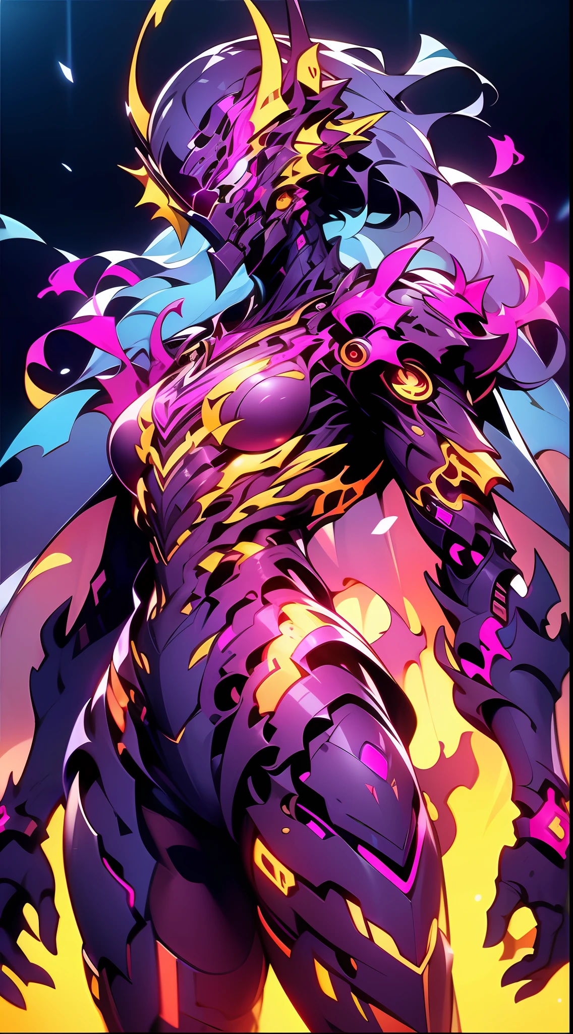 A mech,black long ponytail and waist, V-shaped mechanical helmet, helmet eyes with purple light, wearing a black and purple mech suit,black torn cape swaying in the wind, standing in the purple,, lifelike, best picture quality, highest definition and clarity, original, surrealism, high detail, futurism, action painting, chiaroscuro, ray tracing, motion blur, cowboy lens, Battle pose drawing, layering, holographic display, cyberpunk style,Amazing, finely detail, masterpiece,best quality,official art, extremely detailed CG unity 8k wallpaper,octane render, 8k, best quality, masterpiece, illustration, an extremely delicate and beautiful, extremely detailed ,CG ,unity ,wallpaper,highest quality digital art, Stunning art, wallpaper 4k,8k,64k, HD, unparalleled masterpiece, dynamic lighting, cinematic, epic
