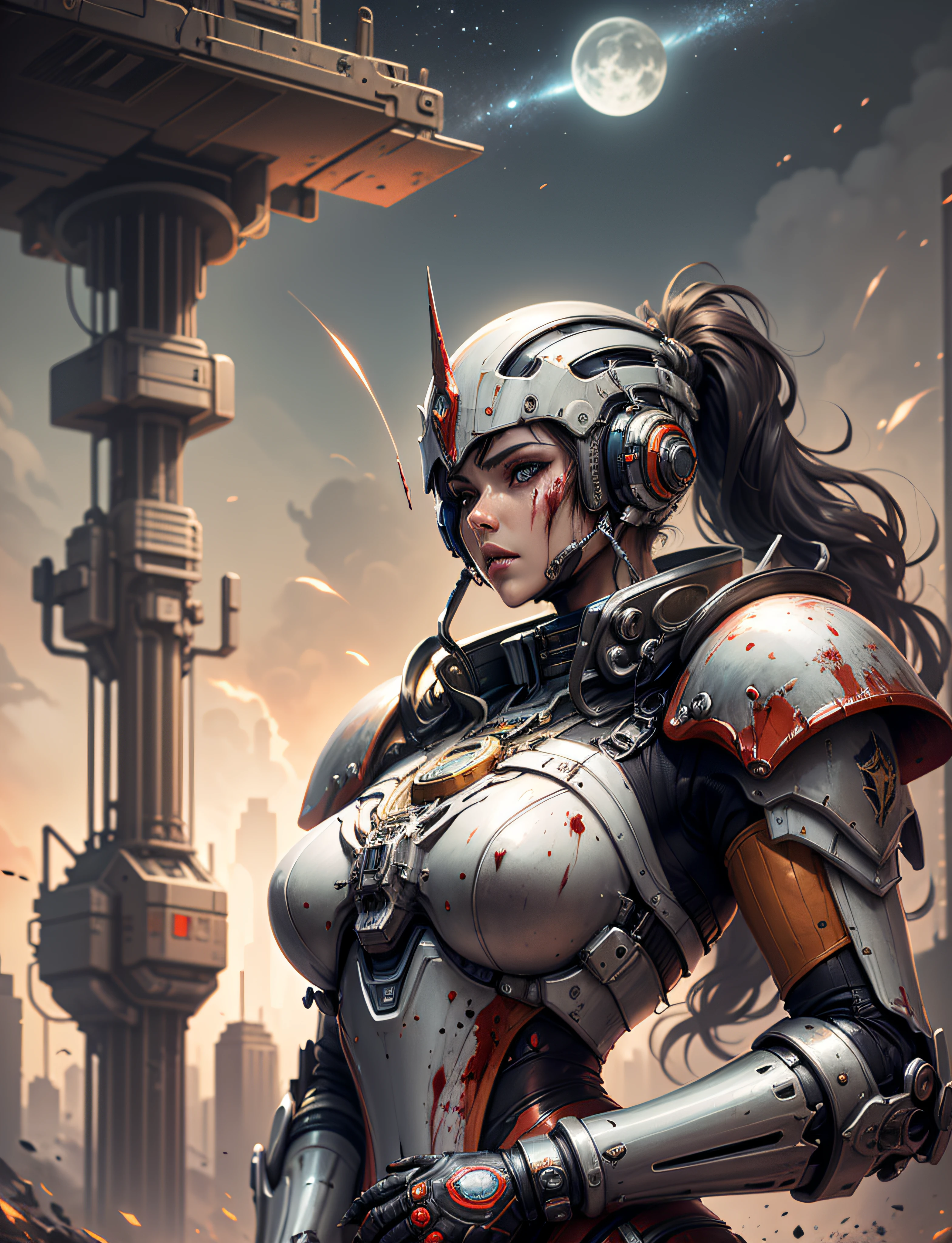 Space marine, harhammer 40,000, world at war, beautiful cyberpunk woman with very detailed mecha treatment, vibrant colors, metallic red, dirty with blood, with sky with clouds and full moon and battleships, whole body with detailed armor, bloody battlefield,