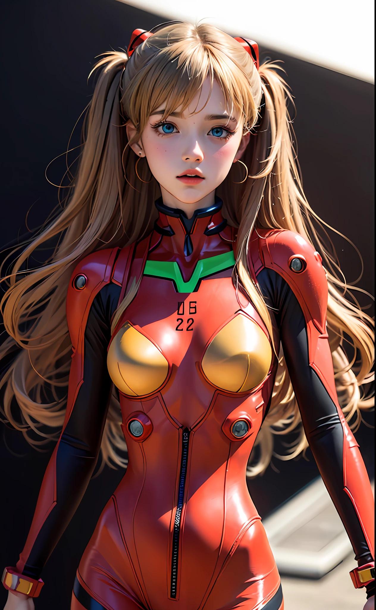 (Masterpiece: 1.4, highest quality), (intricate details), Unity8k wallpaper, super detailed, beautiful and mysterious, detailed background, realistic, solo, perfect detail face, detailed blue eyes, very detailed, blush, hair ornament, chignon mahogany hair, (blonde hair), plug suit 02,Shikinami Asuka Langley, Evangelion, slender ****************, full body suit, black background, Above the waist