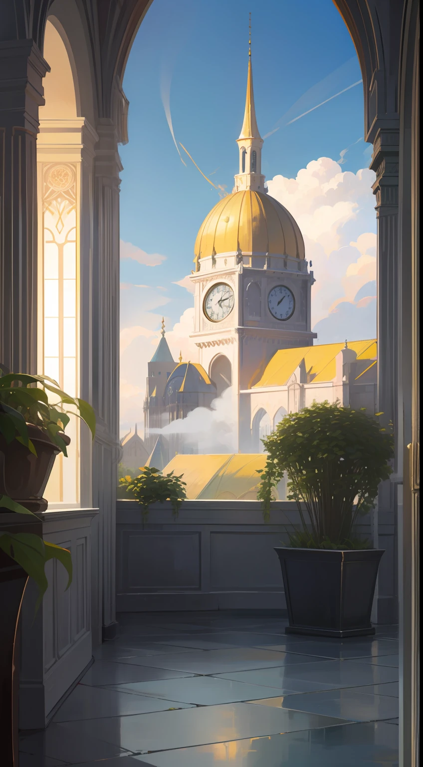 European medieval architecture, cool color, bluish gray tone, front composition, top light, in a hanging garden hollowed out on all sides, above there are hanging wisteria flowers, meadows, roses, butterflies on the flowers, the distant view can see the sky cloud house architecture church, sky corridor, sky garden, open balcony, flower bed, green flowers, clouds, European style large floor-to-ceiling windows, gold-rimmed glass stained windows, medieval retro curved dome with transparent windows, golden clock, starlight, White marble floor (blingbling: 1.3), seven-colored glazed windows, tall white gold-rimmed pillars with intricate patterns, pillars hung with illuminated gold-rimmed lamps, steam age, alchemist magic laboratory background, anime background art, detailed depiction, exquisite texture, ultra-fine quality pictures