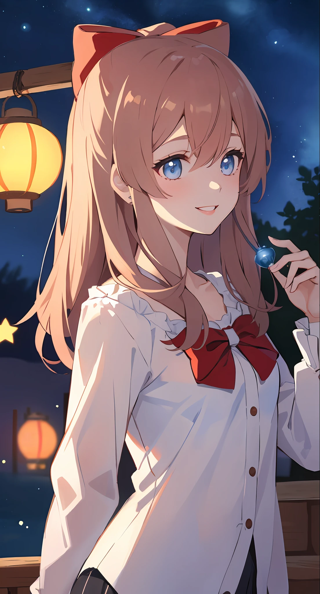 (extremely delicate and beautiful: 1.2), 1girl, bangs, blue eyes, blur, blur background, bow, brown hair, shut up, side view, hair between eyes, hair bow, lantern, light particles, long sleeves, look looking at audience, medium hair, night, red bow, solo, stars\(symbol\), upper body, smile, red lips