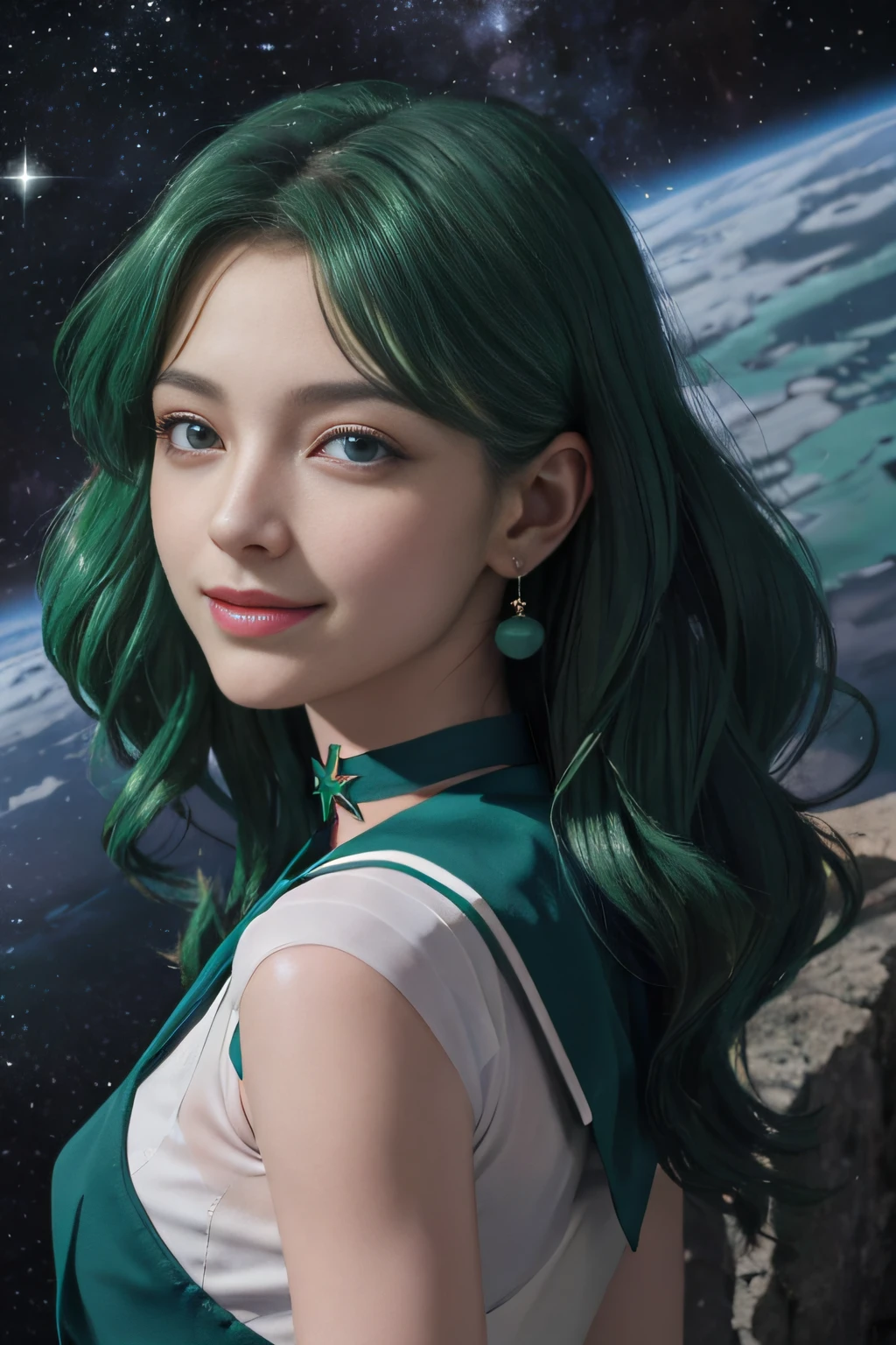 ((HD Real, SAMA1 level)), Extreme Real, Masterpiece, Best Quality, High Definition, SAMA1, Space, Stunning Beauty, Upper Body Photography, 1 Girl, Chest, Gloves, Lips, Solo, Sailor Neptune, Aqua Blue Eyes, SM Uniform, mer1, Tiara, Sailor Senshi Uniform, (RAW photo, highest quality), Masterpiece, Floating dark green hair, Green sailor color, bow, choker, white gloves, green choker, elbow gloves, jewelry, earrings, green skirt, sole, full body, dark green medium hair, (perfect hands): 3.8, octane rendering, goddess of the sea, (Close-up: 1.2) Finely detailed beautiful eyes, close-up, small eyes, look at the viewer, to8contrast style, octane line art, space background, Neptune, sea effect, green, gentle smile, squinted eyes with smile, hands down