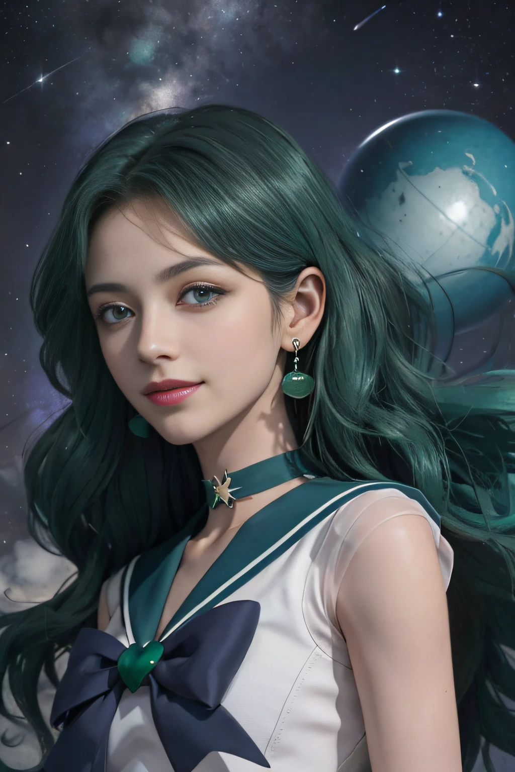 ((HD Real, SAMA1 level)), Extreme Real, Masterpiece, Best Quality, High Definition, SAMA1, Space, Stunning Beauty, Upper Body Photography, 1 Girl, Chest, Gloves, Lips, Solo, Sailor Neptune, Aqua Blue Eyes, SM Uniform, mer1, Tiara, Sailor Senshi Uniform, (RAW photo, highest quality), Masterpiece, Floating dark green hair, Green sailor color, bow, choker, white gloves, green choker, elbow gloves, jewelry, earrings, green skirt, sole, full body, dark green medium hair, (perfect hands): 3.8, octane rendering, goddess of the sea, (Close-up: 1.2) Finely detailed beautiful eyes, close-up, small eyes, look at the viewer, to8contrast style, octane line art, space background, Neptune, sea effect, green, gentle smile, squinted eyes with smile, hands down