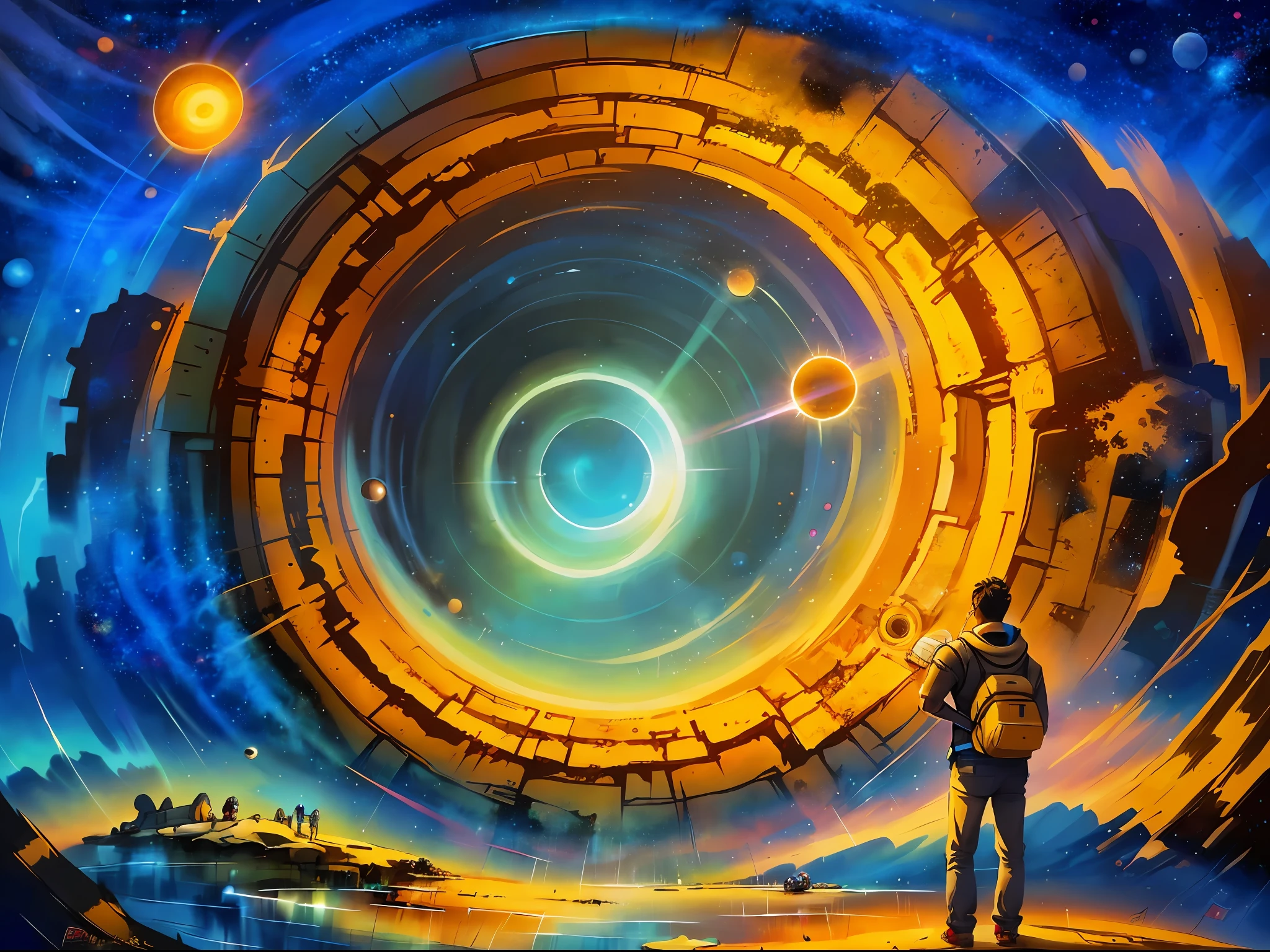 a man standing in front of a space portal with a view of the sun, cyril rolando and goro fujita, portal to another universe, inspired by Cyril Rolando, portal to another dimension, world seen only through a portal, high quality fantasy stock photo, portal to another world, portal to outer space, in style of cyril rolando, looking out into space