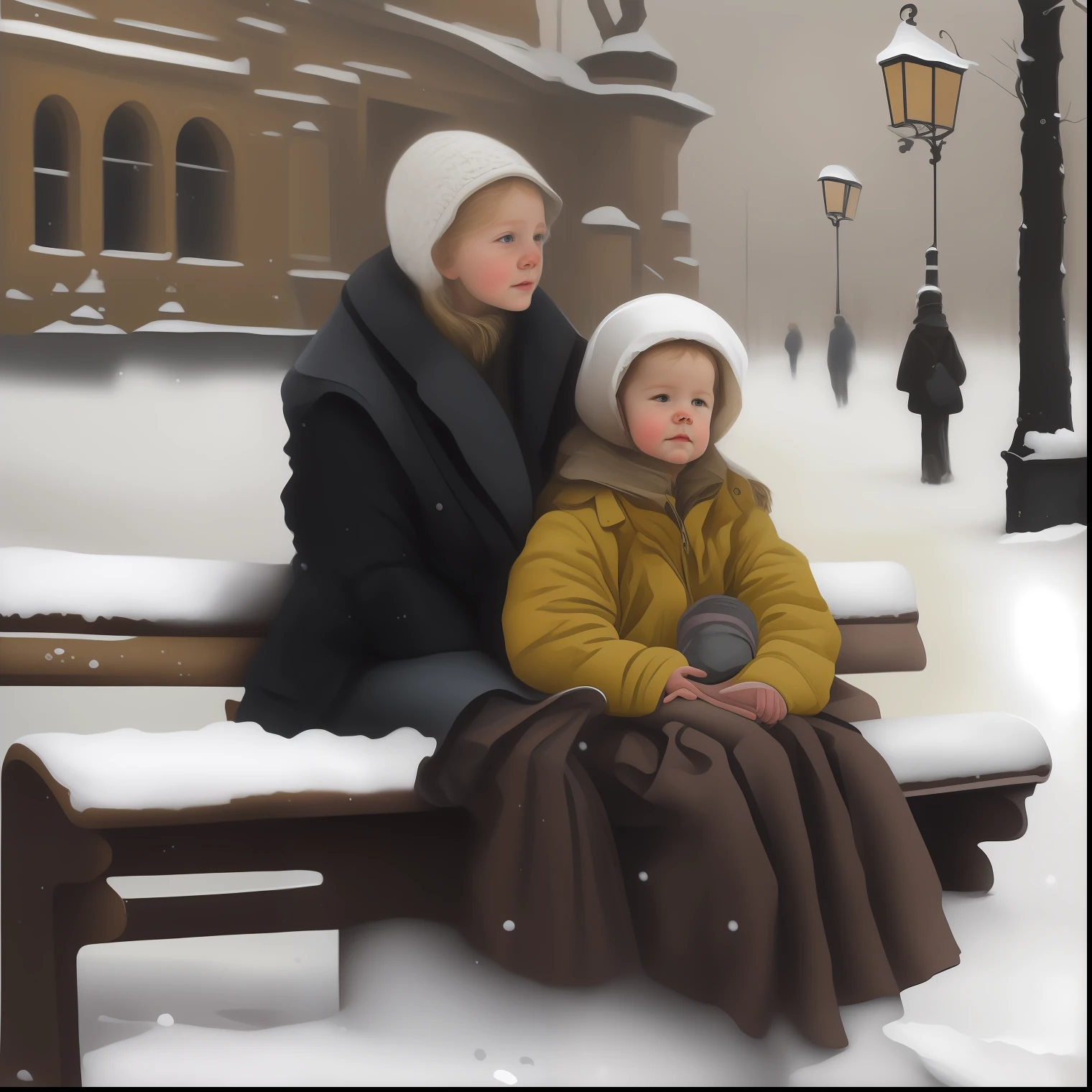 painting of a woman and sitting on a bench in the snow, by Vladimir Novak, by Sergei Sviatchenko, by Alexander Kucharsky, by Andrei Ryabushkin, by Mikhail Lebedev, by Yuri Ivanovich Pimenov, by Igor Kieryluk, by Fyodor Alekseyev, by Alexander Ivanov