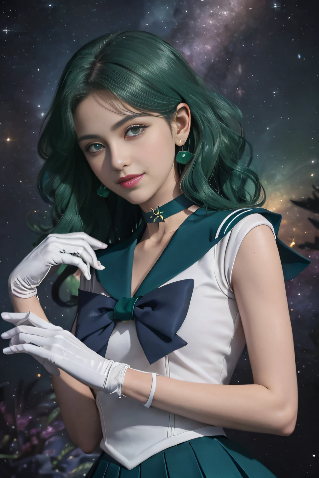 ((HD Real, SAMA1 level)), Extreme Real, Masterpiece, Best Quality, High Definition, SAMA1, Space, Stunning Beauty, Upper Body Photography, 1 Girl, Chest, Gloves, Lips, Solo, Sailor Neptune, Aqua Blue Eyes, SM Uniform, mer1, Tiara, Sailor Senshi Uniform, (RAW photo, highest quality), Masterpiece, Floating dark green hair, Green sailor color, bow, choker, white gloves, green choker, elbow gloves, jewelry, earrings, green skirt, sole, full body, dark green medium hair, (perfect hands): 3.8, octane rendering, goddess of the sea, (Close-up: 1.2) Finely detailed beautiful eyes, close-up, small eyes, look at the viewer, to8contrast style, octane line art, space background, Neptune, sea effect, green, gentle smile, squinted eyes with smile, hands down