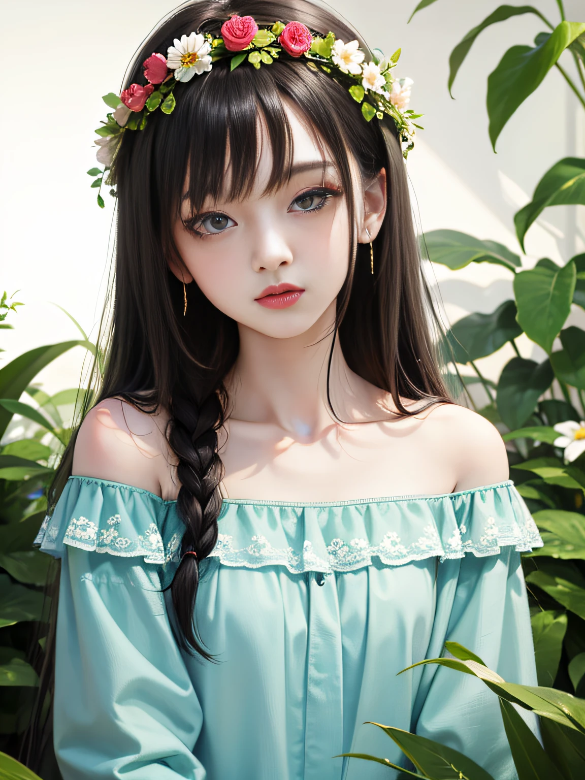 HD, depth of field, spring, smaller head, sideways, sitting, black hair, garland, anime, off-the-shoulder, wild, colorful flowers and plants,
