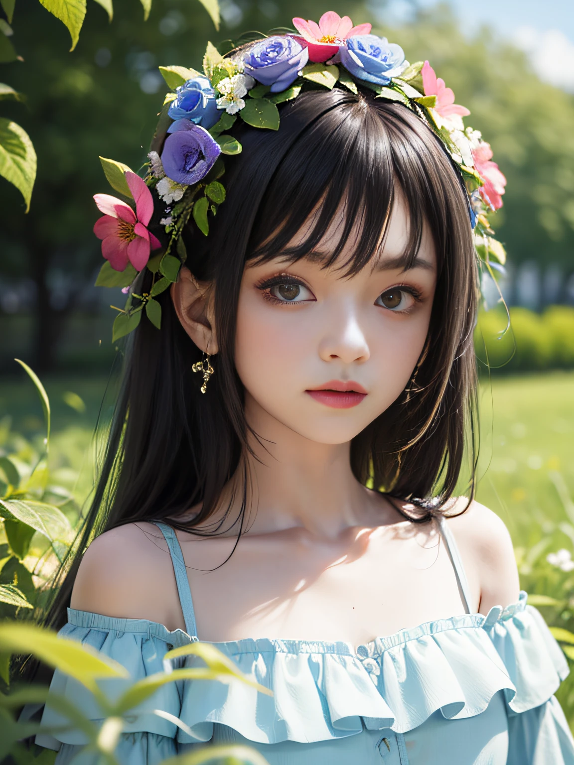 HD, depth of field, spring, smaller head, sideways, sitting, black hair, garland, anime, off-the-shoulder, wild, colorful flowers and plants,