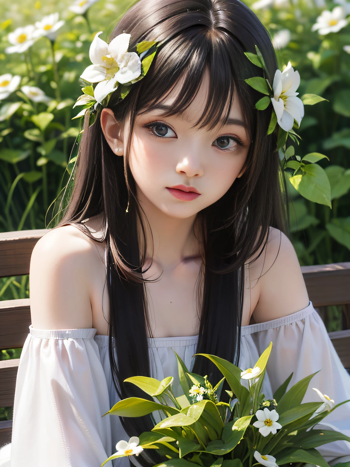 HD, depth of field, spring, smaller head, sideways, sitting, black hair, garland, anime, off-the-shoulder, wild, colorful flowers and plants,