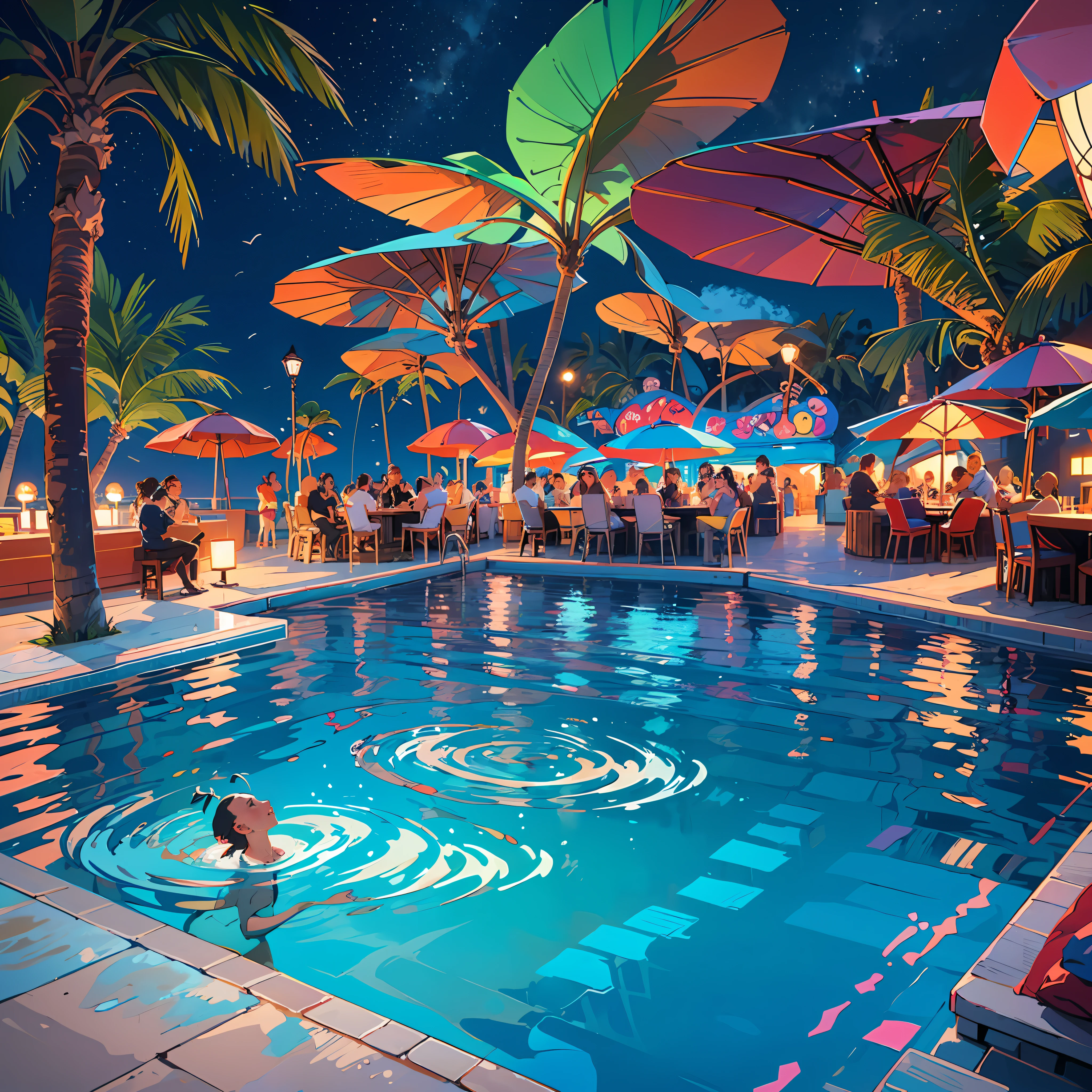 Night pool, Neon lights illuminate the water, Music and dance floor, Dazzling light effects, Stage and DJ booth, Fireworks and buster, Music and entertainment, Pool side bar, Fashion party dress up, Diving and stunt shows, Beach club atmosphere, Beauty and dudes, Pool water divers, Beach and palm trees, Colored water light effects, Open air lounge area, Carnival and frenetic atmosphere, Splashing splashes, Cool swimsuits and swimming rings