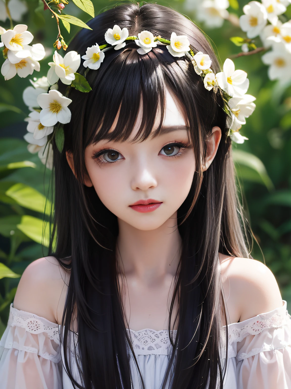HD, depth of field, spring, smaller head, sideways, sitting, black hair, garland, anime, off-the-shoulder, wild, colorful flowers and plants,