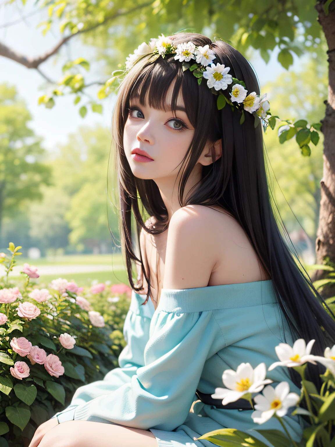 HD, depth of field, spring, smaller head, sideways, sitting, black hair, garland, anime, off-the-shoulder, wild, colorful flowers and plants,