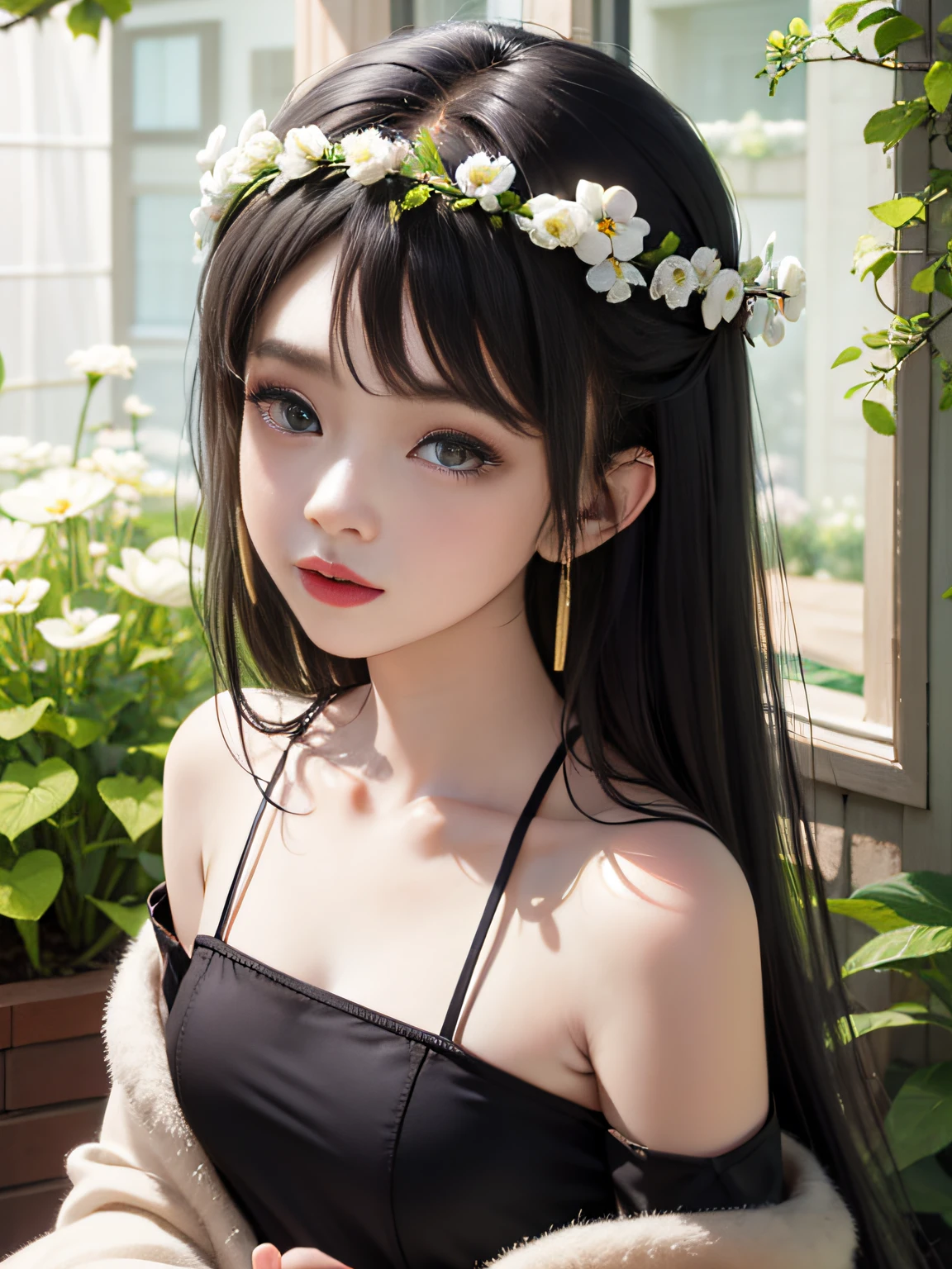 HD, depth of field, spring, smaller head, sideways, sitting, black hair, garland, anime, off-the-shoulder, wild, colorful flowers and plants,