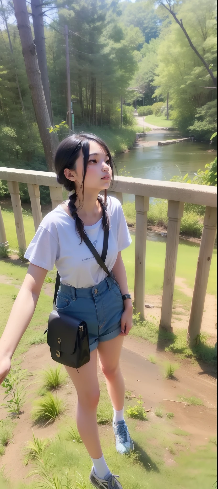 1girl,best quality, masterpiece,black hair, blue shirt, looking up, upper body,hair strand,Fair skin,wearing a waist bag, wearing black pants