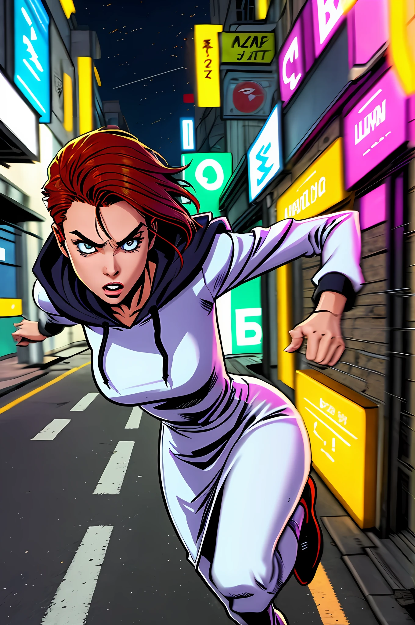 Close up image of 2 subjects, 1girl with auburn colored hair, wearing long sleeve white dress with hood, (running towards camera), (woman looks scared), frightened, running for her life, running away from man wearing armor, getting grabbed by man, down a dirty city alley, futuristic city at (night:1.4), blue and yellow neon signs, chase scene, action scene, thick outlines, comic book style, dynamic camera angle, realistic skin, realistic hands, perfect hands, action lines, motion blur background