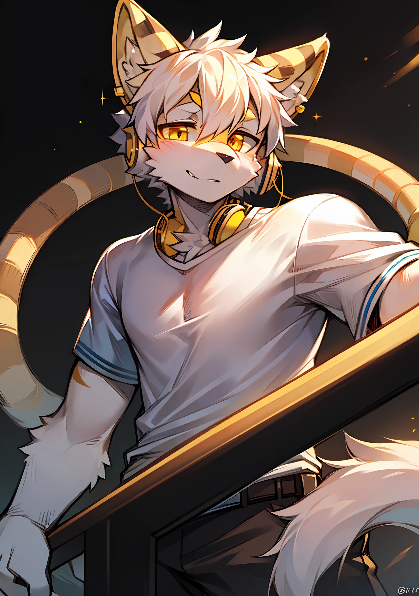 Solo, handsome, white wolf, yellow stripes on ears, bust, white t-shirt, golden eyes, gold headphones