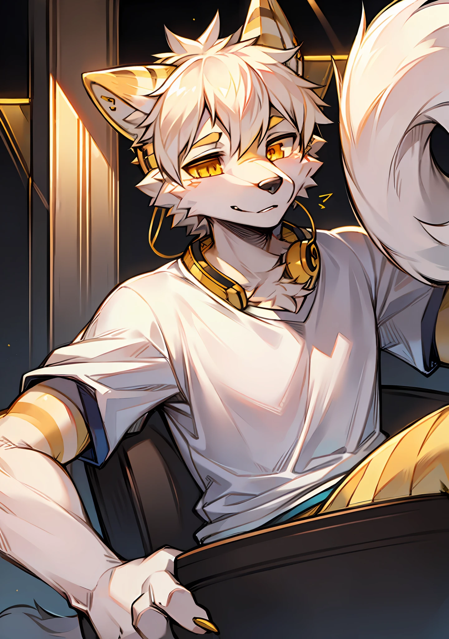 Solo, handsome, white wolf, yellow stripes on ears, bust, white t-shirt, golden eyes, gold headphones