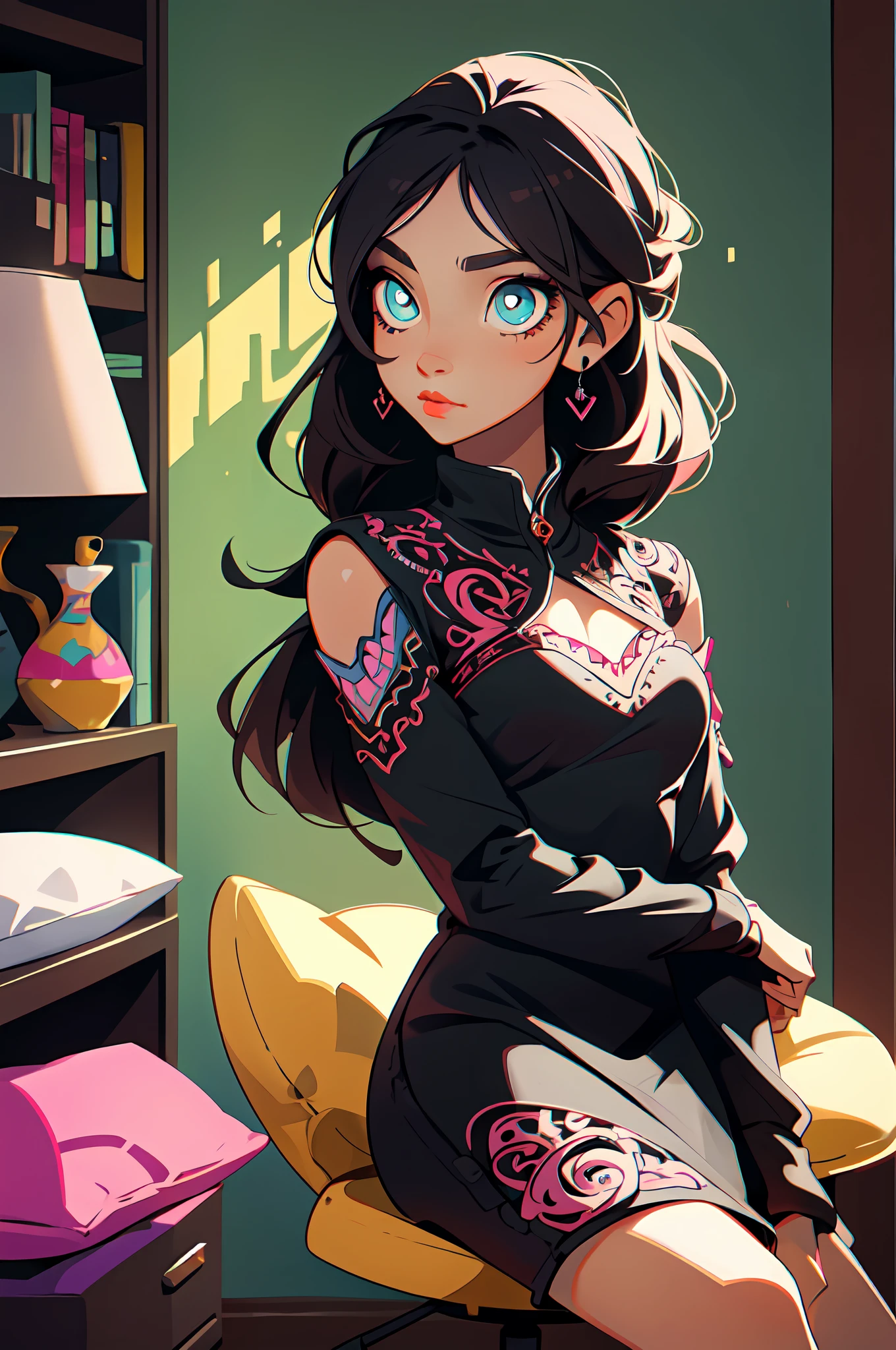 (masterpiece, best quality), 1girl, room, chilling, colorful, beautiful, intricate, comfy, detailed eyes,