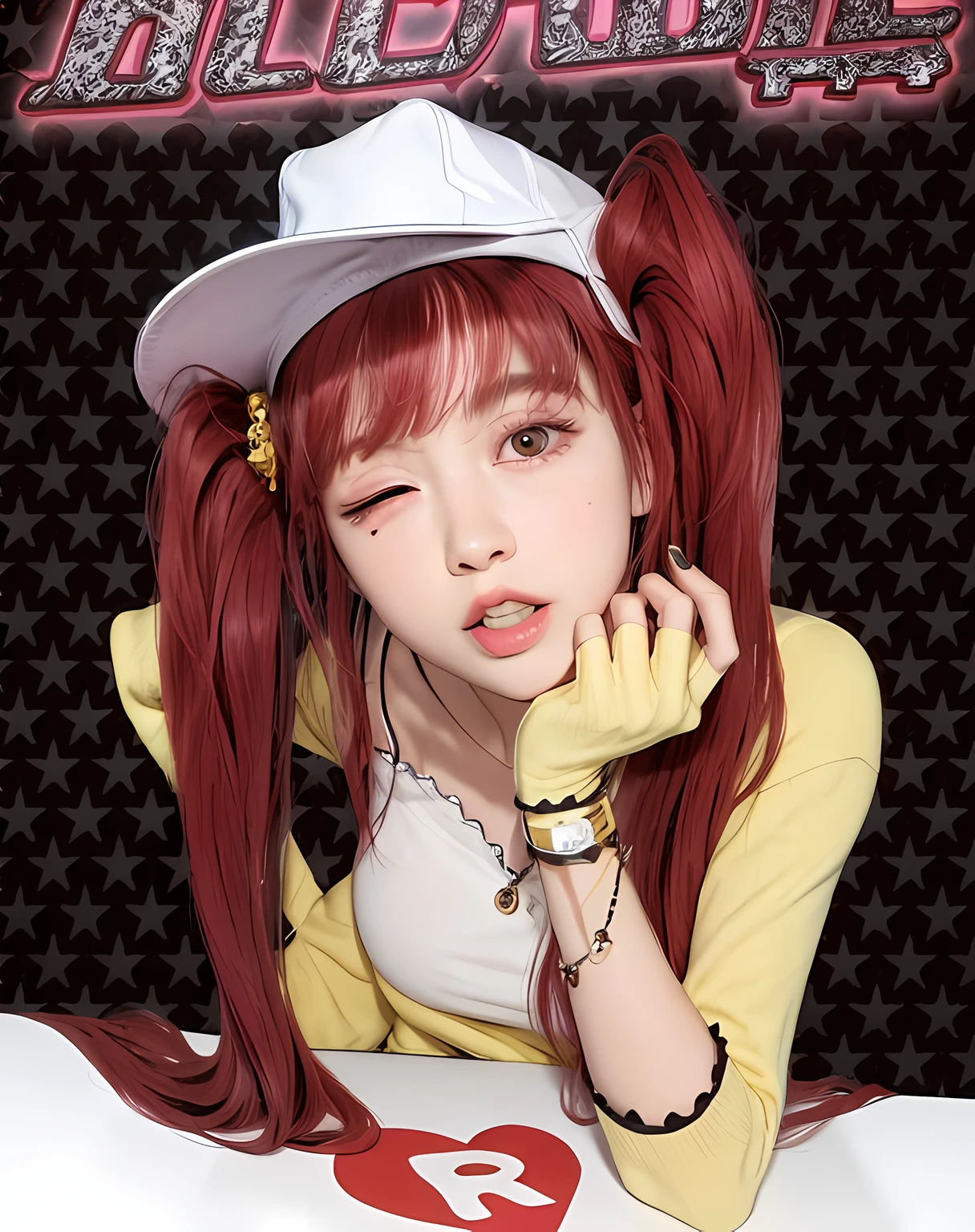 1 girl, white hat, long red hair, double ponytail, leaning against the table, close to the viewer, hand to mouth, grimace, close one eye, close to the viewer, hand to mouth, grimace, close one eye, ((Qi bangs)), straight hair, red hair, ((((closed one eye)))), best picture quality, super high resolution, 8k resolution, perfect face