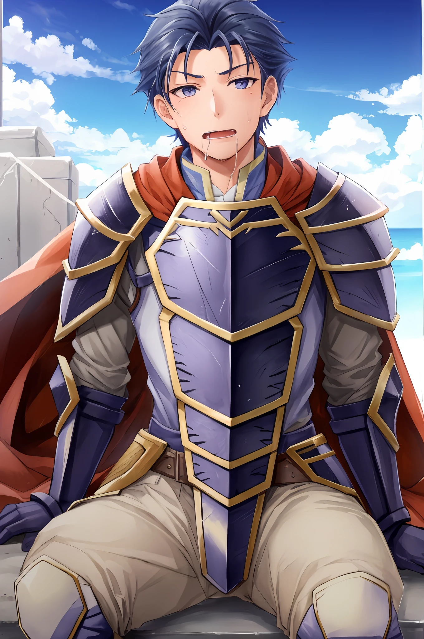 Hector Fey, Ultra High Quality CG, Solo, View from Underneath, Open Mouth, Sweaty, Wet, Drooling, Gloves, 1boy, Crotch Close-up, Crotch View, (sitting) straddling, Split legs, male focus, sky, clouds, cape, armor