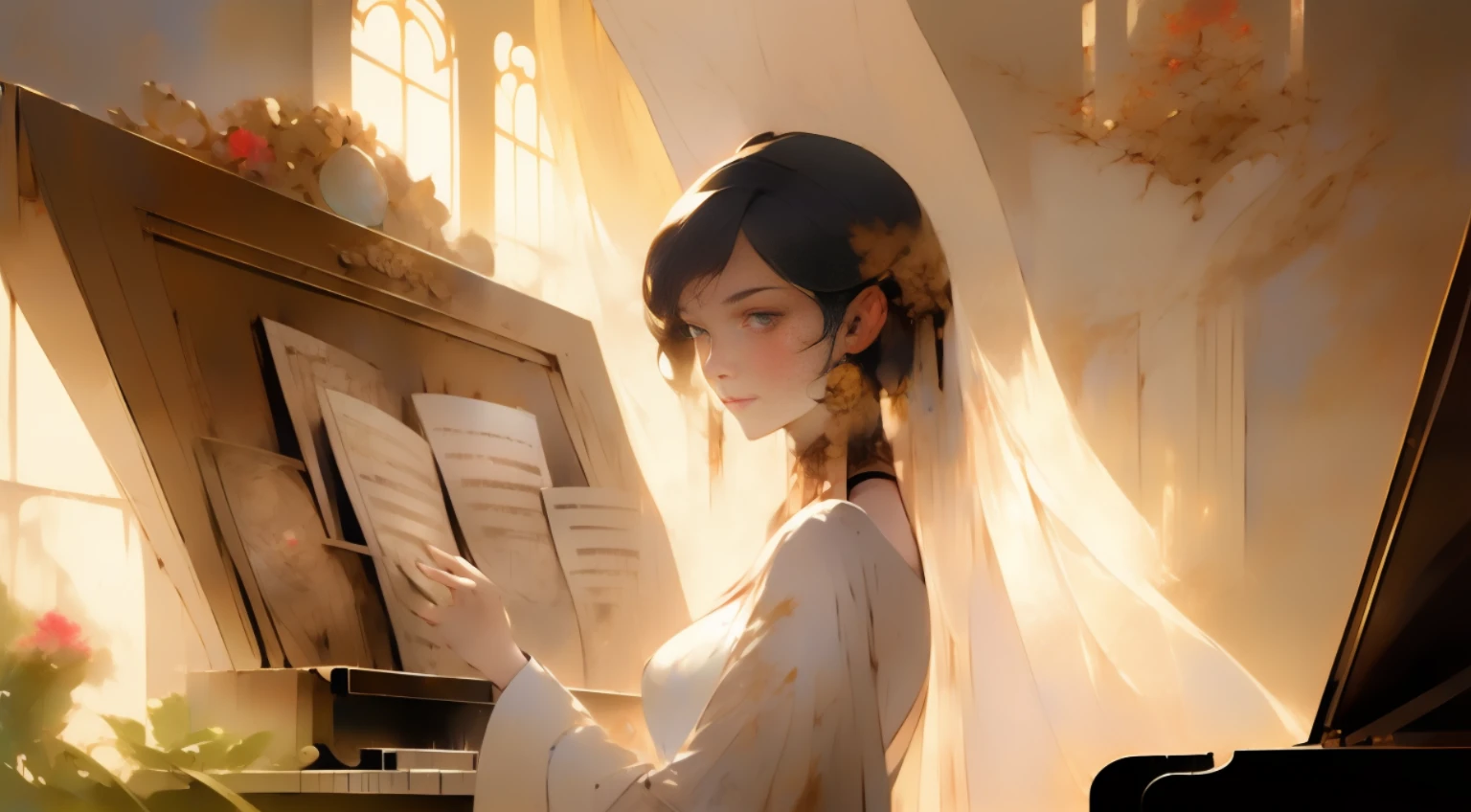 A woman in a white dress is playing the piano in the hall, afternoon sunlight shines in from the window, delicate face, full of details, high detail, 8k, vivid bright colors, behance hd, masterpiece