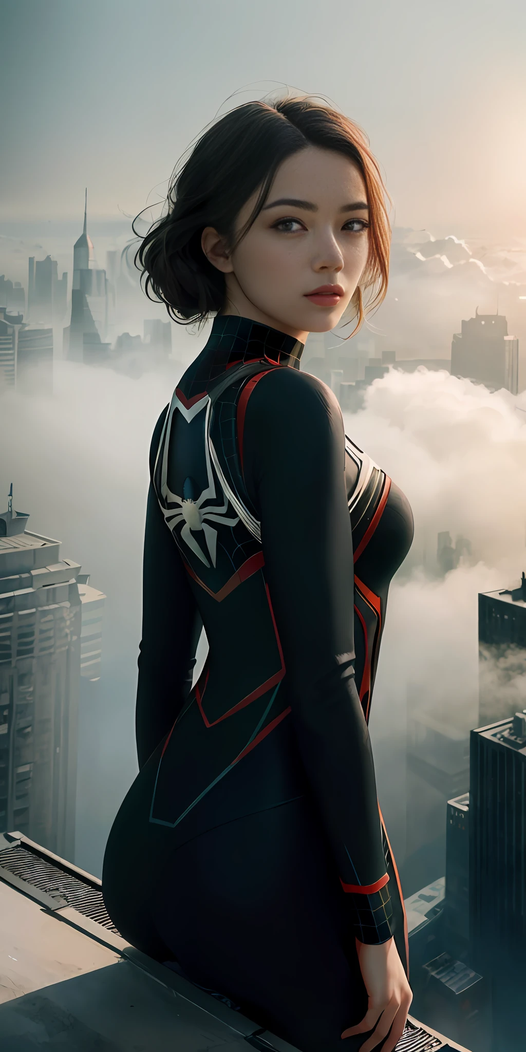 (1girl:1.3), solo, ((very detailed face)))), ((very detailed eyes and face)))), beautiful detail eyes, body parts__, official art, unified 8k wallpaper, super detailed, beautiful and beautiful, beautiful, masterpiece, best quality, original, masterpiece, super fine photo, best quality, super high resolution, realistic realism, sunlight, full body portrait, amazing beauty, dynamic pose, delicate face, vibrant eyes, (butt to the camera), She wears Spider-Man suit, red and black color scheme, spider, very detailed city roof background, rooftop, overlooking the city, detailed face, detailed complex busy background, messy, gorgeous, milky white, highly detailed skin, realistic skin details, visible pores, clear focus, volumetric fog, 8k uhd, DSLR camera, high quality, film grain, fair skin, photo realism, lomography, futuristic dystopian megalopolis, semitransparent