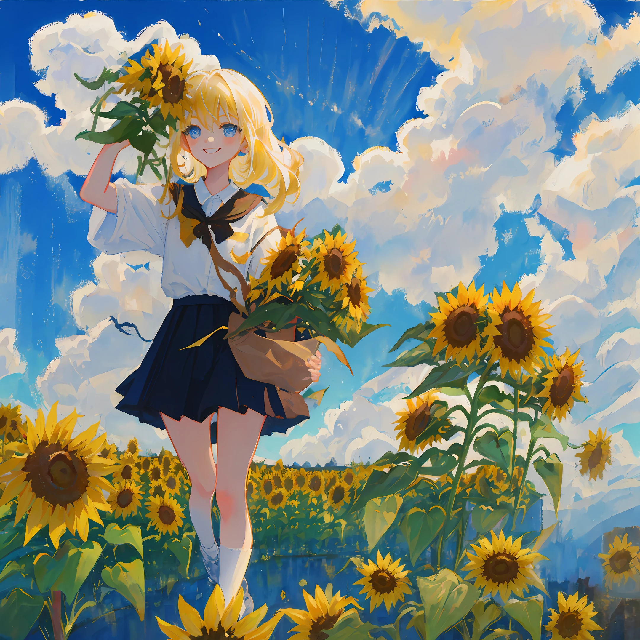 Yellow hair blue eyes Q version little girl, wearing white skirt, smiling, blue sky and white clouds on the background, running in sunflowers, holding sunflowers in hand, breeze, watercolor painting, masterpiece, super clear