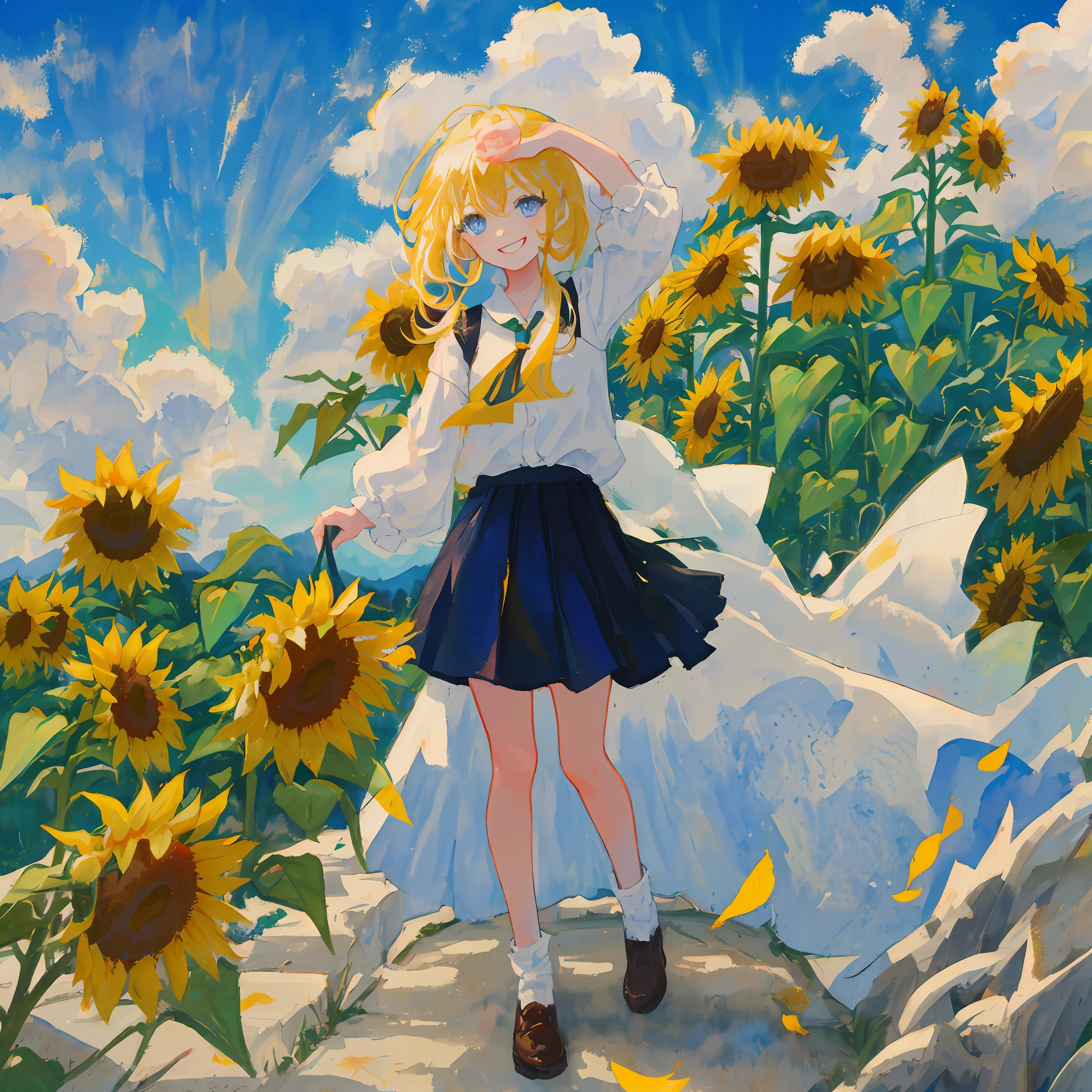 Yellow hair blue eyes Q version little girl, wearing white skirt, smiling, blue sky and white clouds on the background, running in sunflowers, holding sunflowers in hand, breeze, watercolor painting, masterpiece, super clear