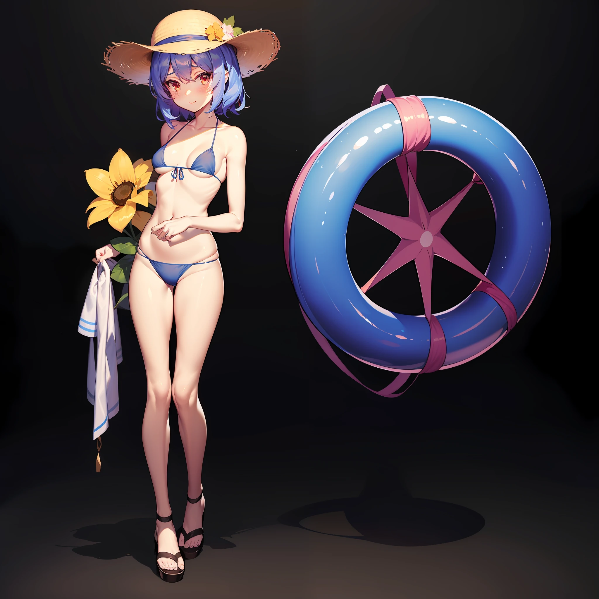 an anime drawing of a young girl in a blue bikini holding a float, 1girl, solo, swimsuit, hat flower, hat, wings, flower, bikini, remilia scarlet, white background, looking at viewer, pink bikini, navel, bat wings, red eyes, sandals, innertube, simple background, breasts, full body, short hair, stomach, blush, standing, blue hair, bare arms, bare shoulders, hair ornament, yellow flower, hair between eyes, frills, ribbon, straw hat, small breasts, star (symbol), hair flower, bangs、貧乳、恥じらい、赤面