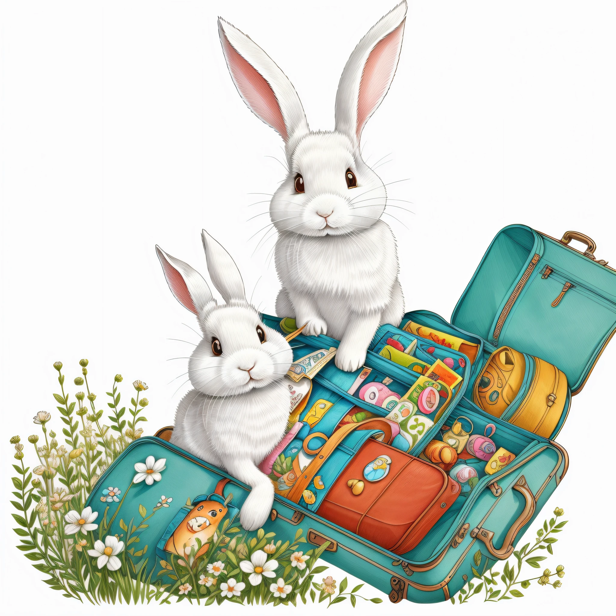 Picture book illustration for children, white rabbit, anthropomorphic rabbit, rabbit with luggage, rabbit with object, cute, color illustration, white background