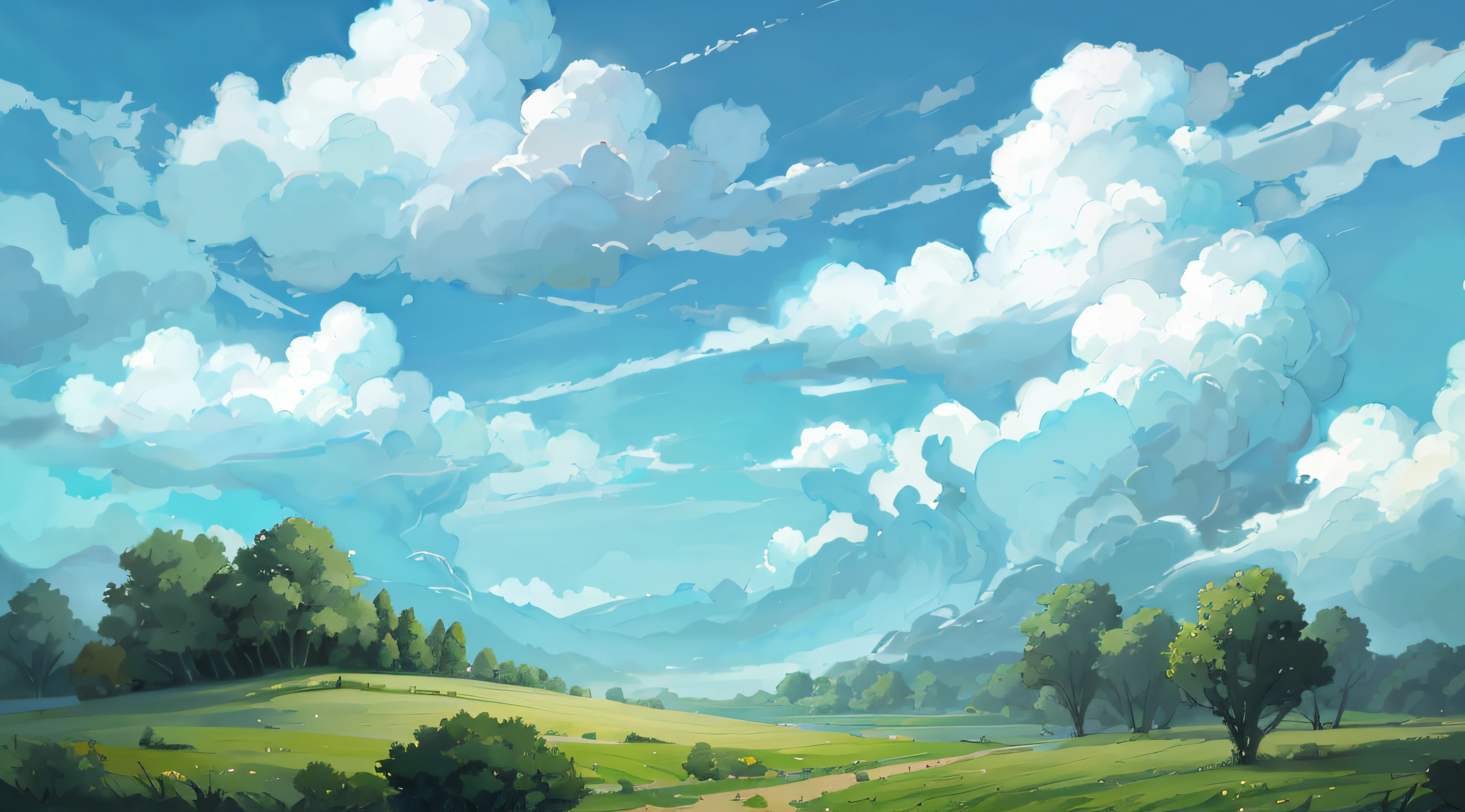 Illustration of green field with trees and clouds on bright and warm sky, animated countryside scenery, background art, background illustration, beautiful fluffy clouds. anime, anime background art, anime landscape wallpaper, anime landscape, landscape artwork painted in anime painter studio, anime background, rhads and lois van baarle, landscape wallpaper, 4K HD wallpaper painting, landscape background