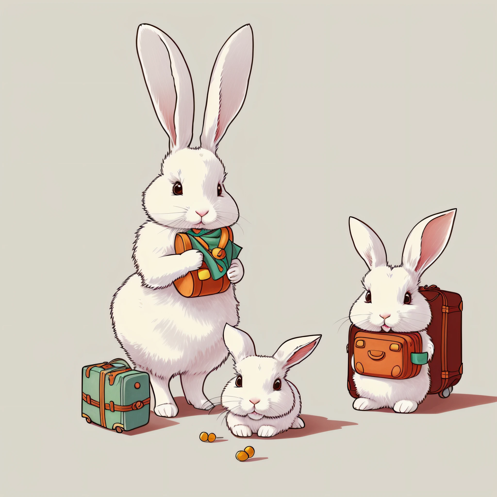 Picture book illustration for children, white rabbit, anthropomorphic rabbit, rabbit with luggage, rabbit with object, cute, color illustration, white background