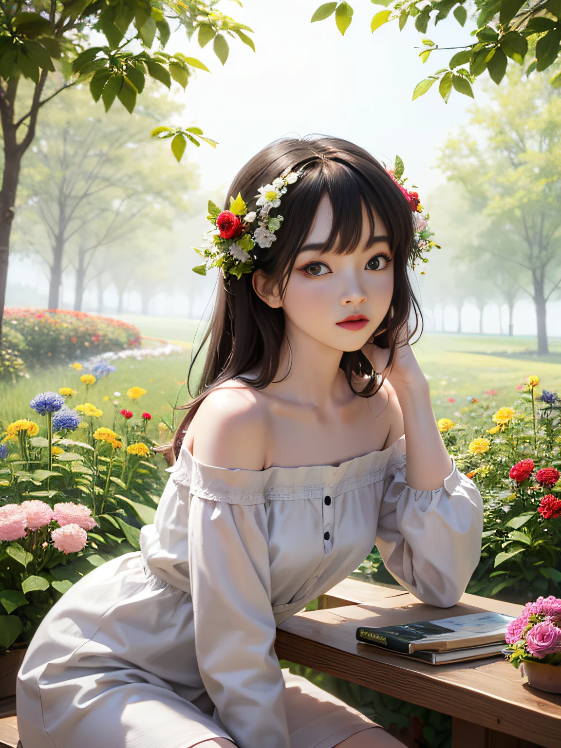 HD, depth of field, sorissos, spring, smaller head, sideways, sitting, black hair, garland, anime, off-the-shoulder, wild, colorful flowers and plants,