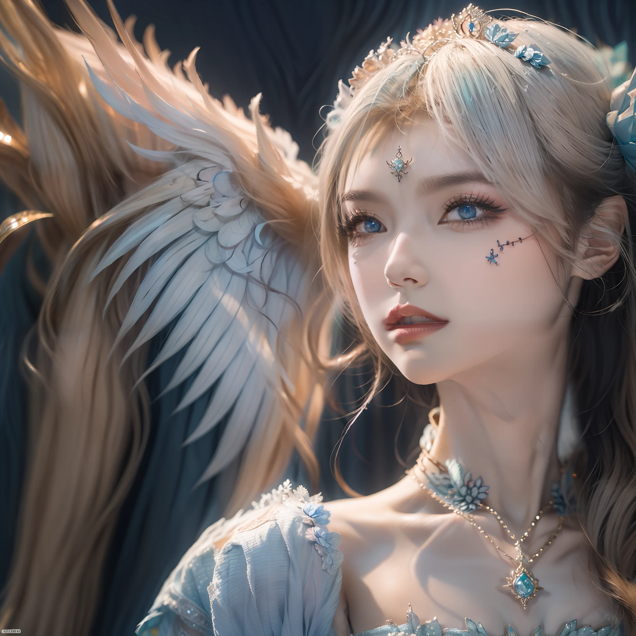 Full Body Portrait, Snow Angel, (Best Quality, 8K, Masterpiece: 1.3), Petite Body, (Beautiful and Detailed Eyes), (Super Detail), (Desktop Wallpaper), Beautiful Face, (Detailed Face), Clear Facial Features, Radial Glow, Optical, Panoramic Illumination, Atmospheric Perspective, Dawn, Hazy Sun, Anti-Aliasing: 5D, Light Painting, Color, Perfect Body Beauty: 1.4, Huge Wings, Symmetrical Transparent Wings, Stunning Details, (Dynamic Pose), Floating High in the Sky