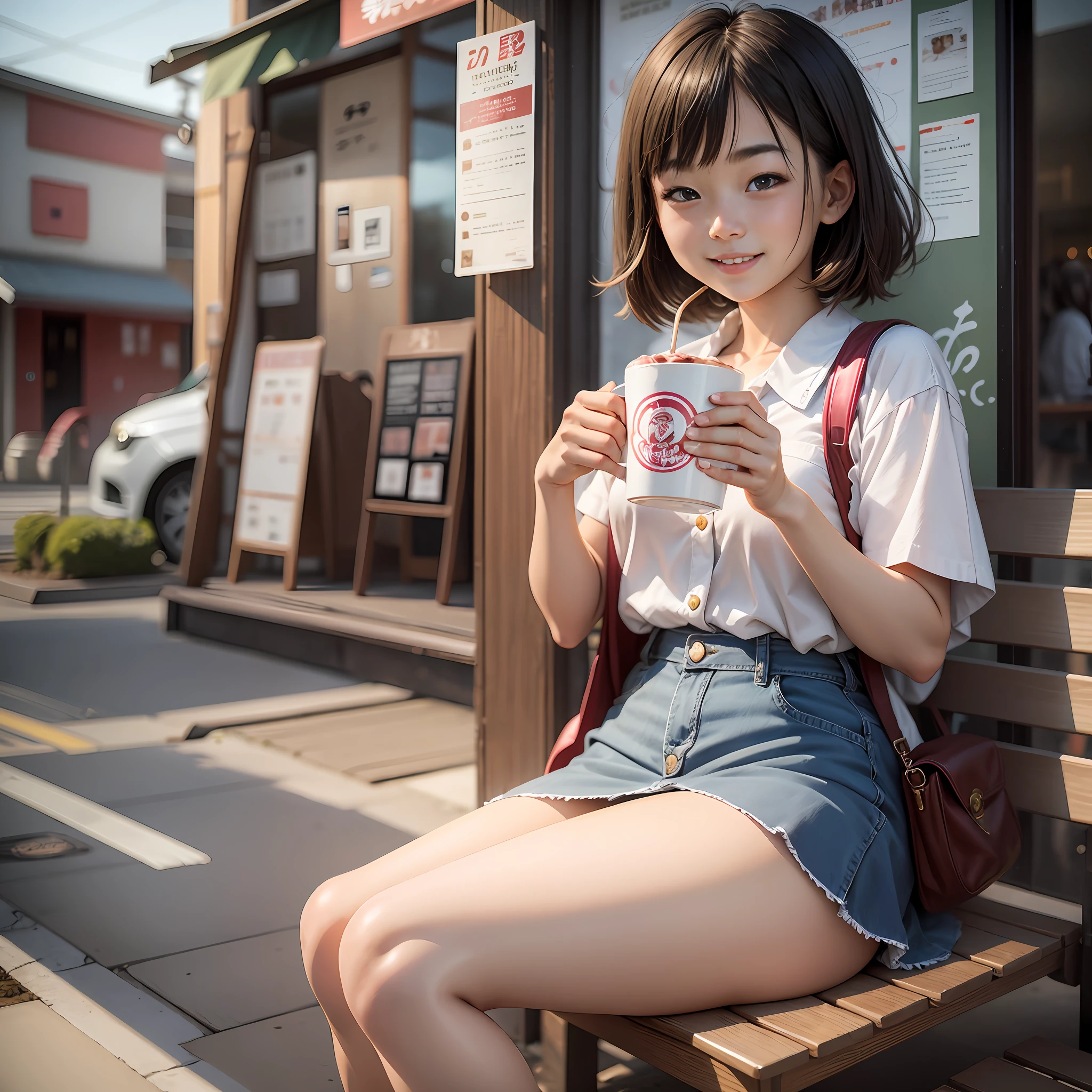 A young girl in tank top shorts sits on an outdoor stool, holding melted ice cream in her left hand and squinting and smiling straight ahead --auto