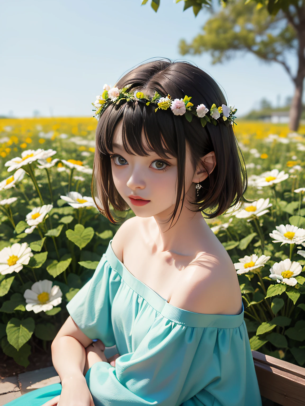 HD, depth of field, sorissos, spring, smaller head, sideways, sitting, black hair, garland, anime, off-the-shoulder, wild, colorful flowers and plants, cyan clothes