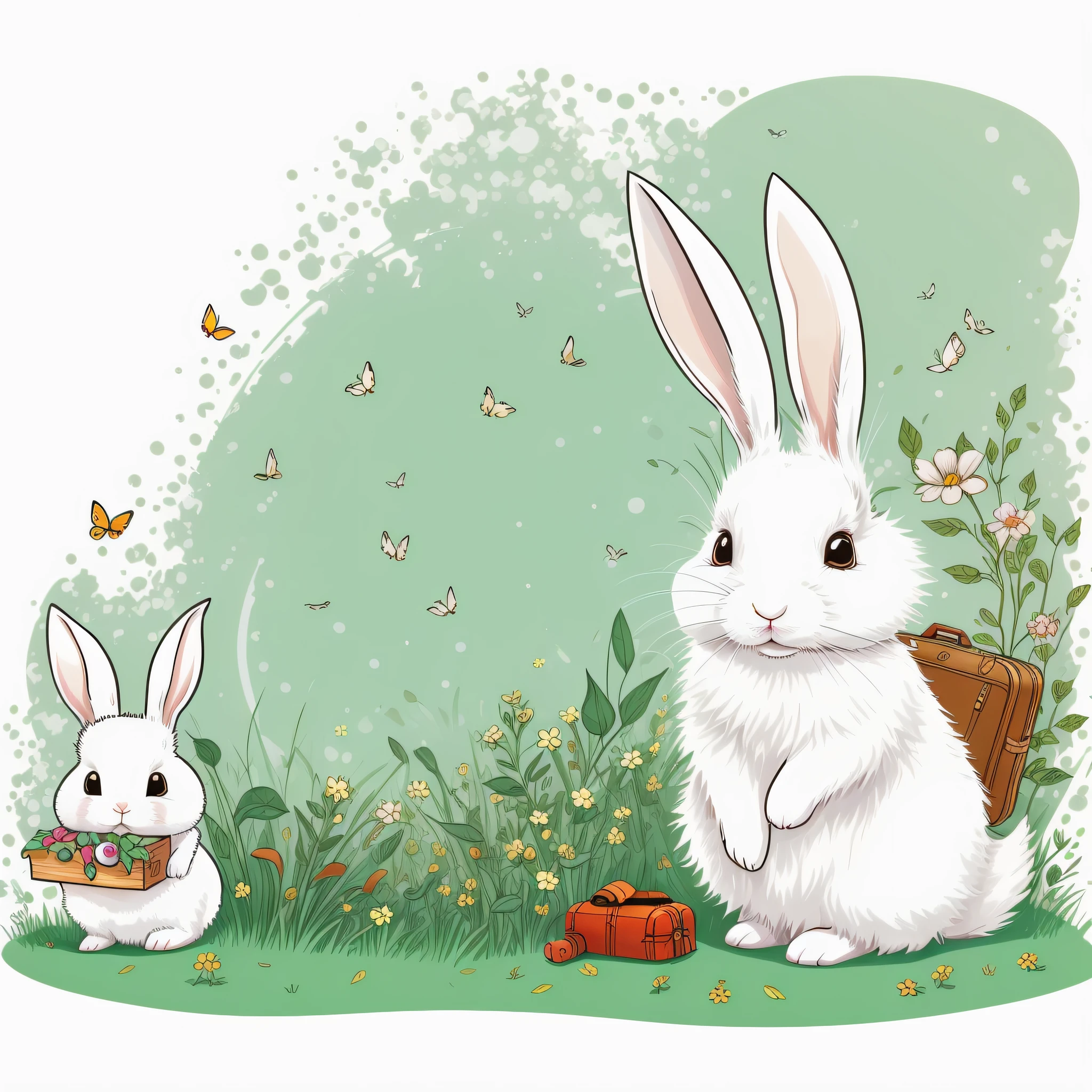 Picture book illustration for children, white rabbit, anthropomorphic rabbit, rabbit with luggage, rabbit with object, cute, color illustration, white background