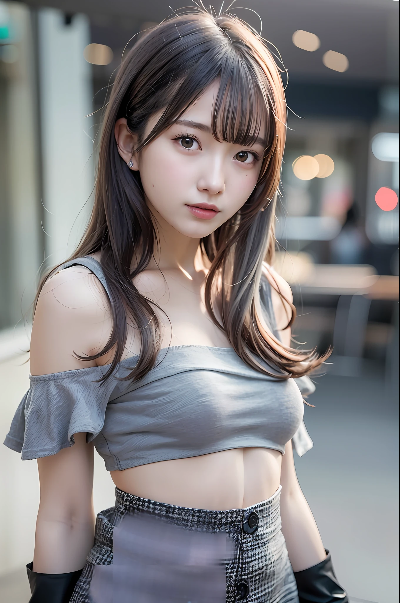 Top quality, ultra high resolution, (photorealistic: 1.4), one girl, off-the-shoulder white shirt, black tight skirt, (faded ash-gray hair: 1), (small breasts: 1.2), look viewer, close-up,