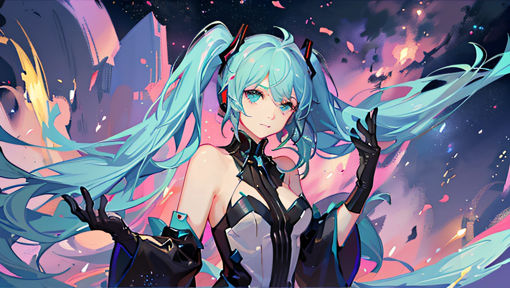 Create an illustration with a screen ratio of 16:9. The illustration depicts one Hatsune Miku. She has a fantastic atmosphere, with mysterious scenery in the background. Depict shooting stars shining in the night sky and stardust dancing. Hatsune Miku should pose beautifully so that you can feel her playing music. Her outfit and hair should be represented in glowing colors.