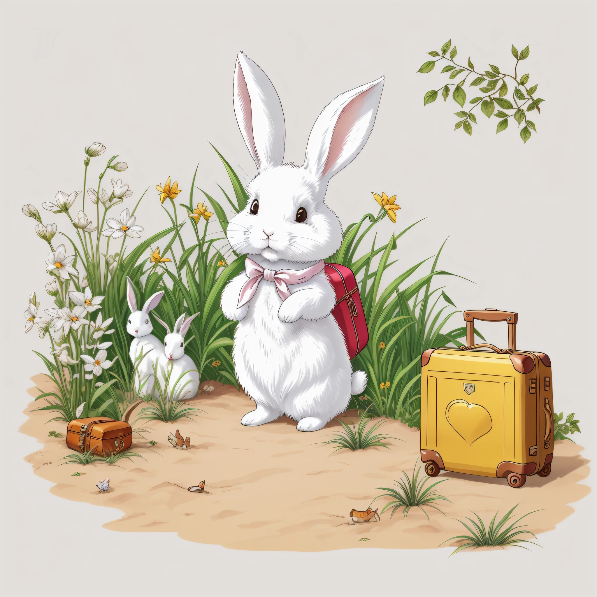 Picture book illustration for children, white rabbit, anthropomorphic rabbit, rabbit with luggage, rabbit with object, cute, color illustration, white background