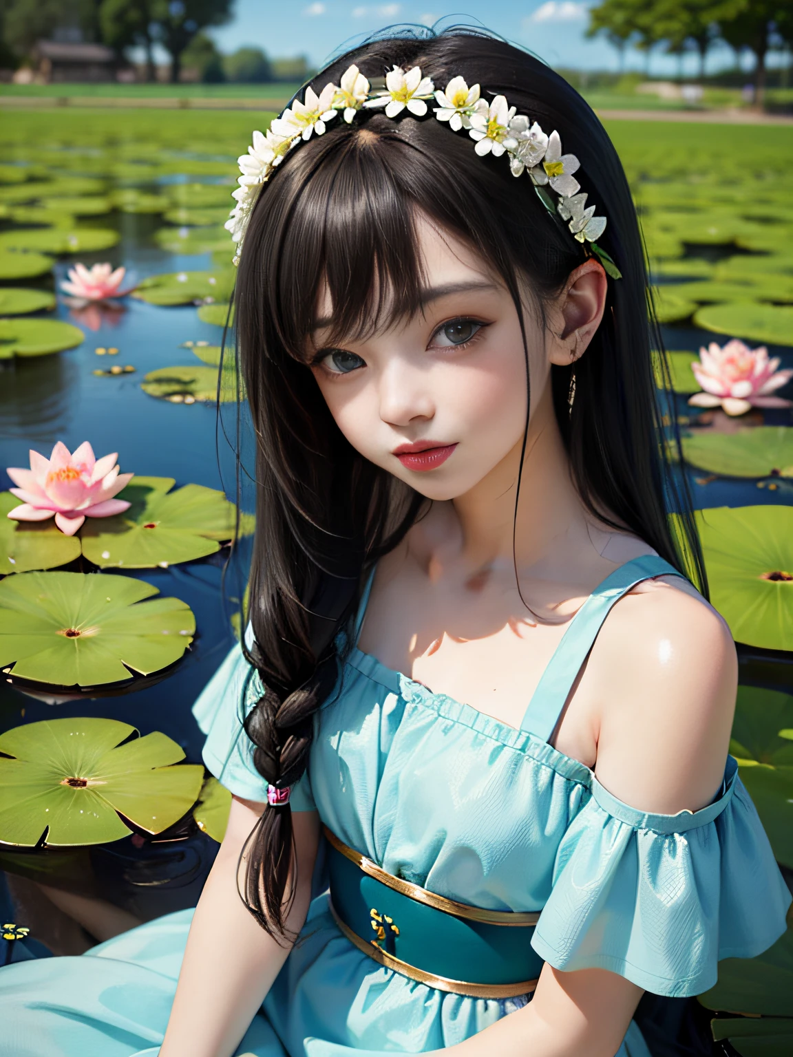 HD, depth of field, sorissos, spring, smaller head, sideways, sitting, black hair, garland, anime, off-the-shoulder, pond, lotus, cyan clothes