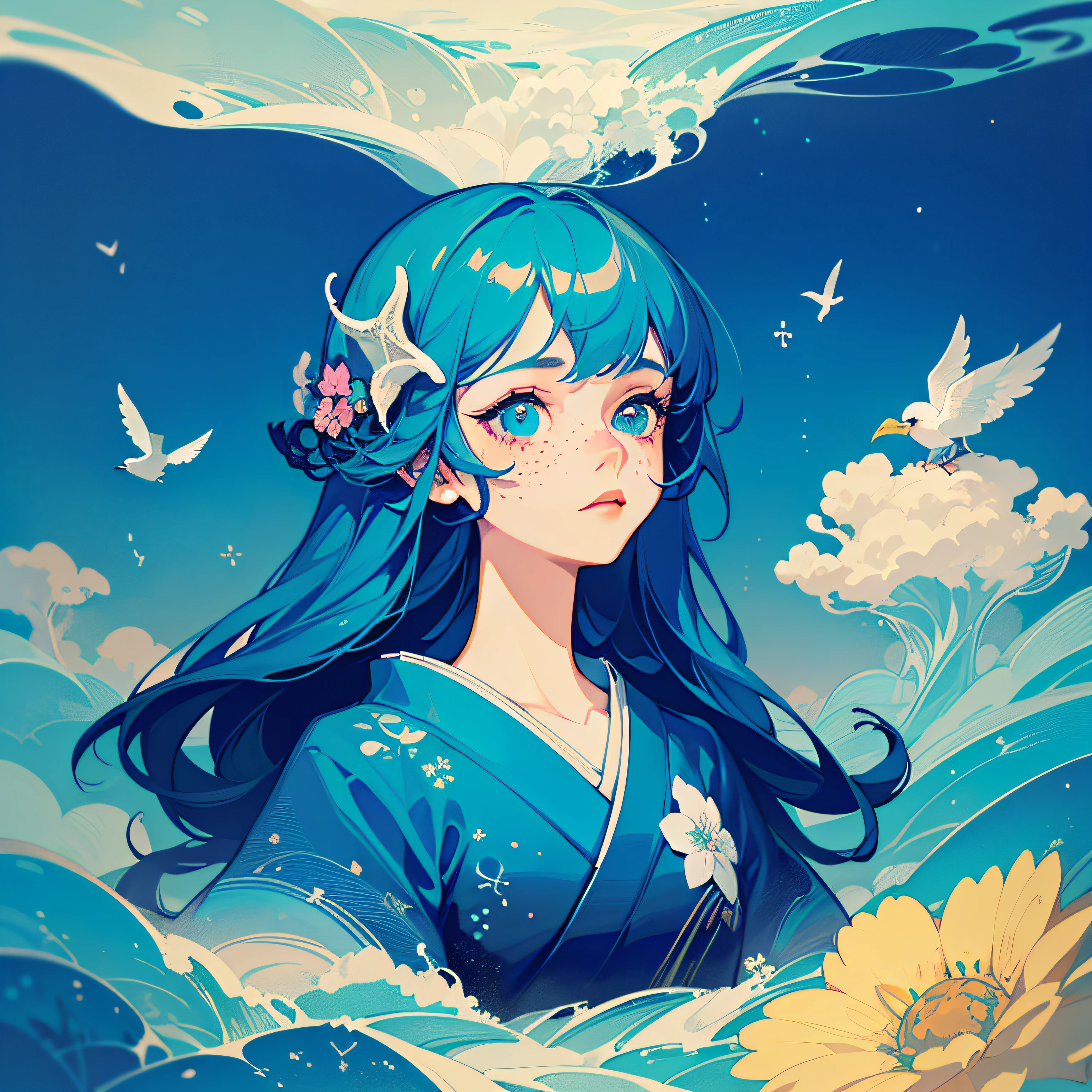 ((Masterpiece)), ((Ultra Detailed)), ((Best Quality)), Beautiful Detailed Eyes, Detailed Face, Best Lighting, Best Shade, 1 Front Bust Long Hair Girl, Daughter of the Sea, Solo, ((Classic Disney Style, Edge Lighting, Flat 2D Style, Disney 2D)), ((The main color is blue)), Huge Splash Flowers, (Girl Inside Flowers:1.5), Flower Island, Flower Paradise, World Made of Flowers, Freckles, Cold Nose, (((The Sea)), Little Bunny, Little Bird, Animal, Japanese Inspiration, (Highly detailed), Vortex Effect, A3,
