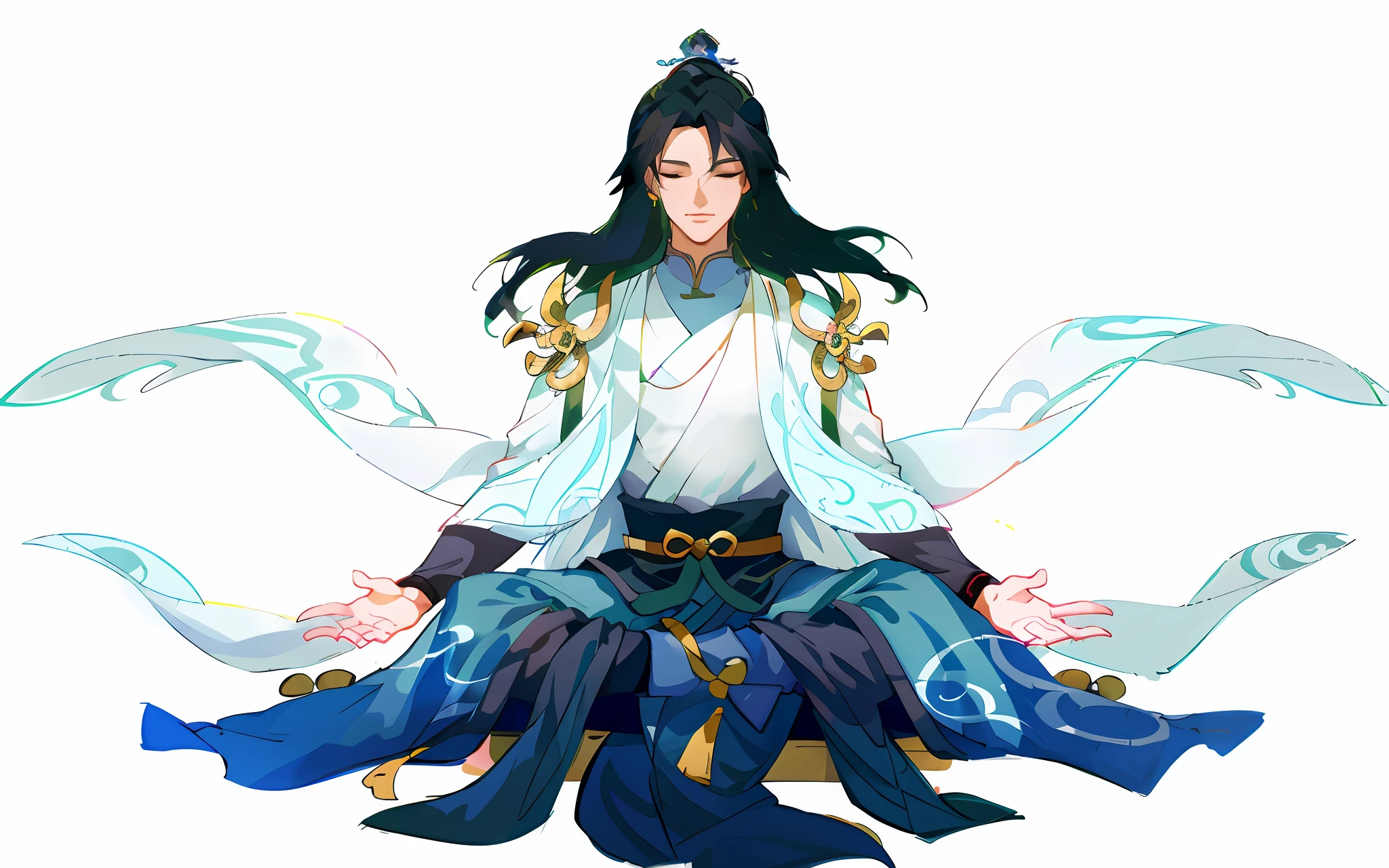 Anime characters sitting in lotus position, flowing hair, Kurose Jinyao, flowing hair and robes, Zhao Yun, Taoist monk, Onmyoji, full body fairy, Onmyoji detailed art, Taoism, inspired by Zhao Yuan, Taoist, inspired by Guan Daosheng, fairy hero, Bian Lian, Xiu Xian, closed eyes, facial features detailed